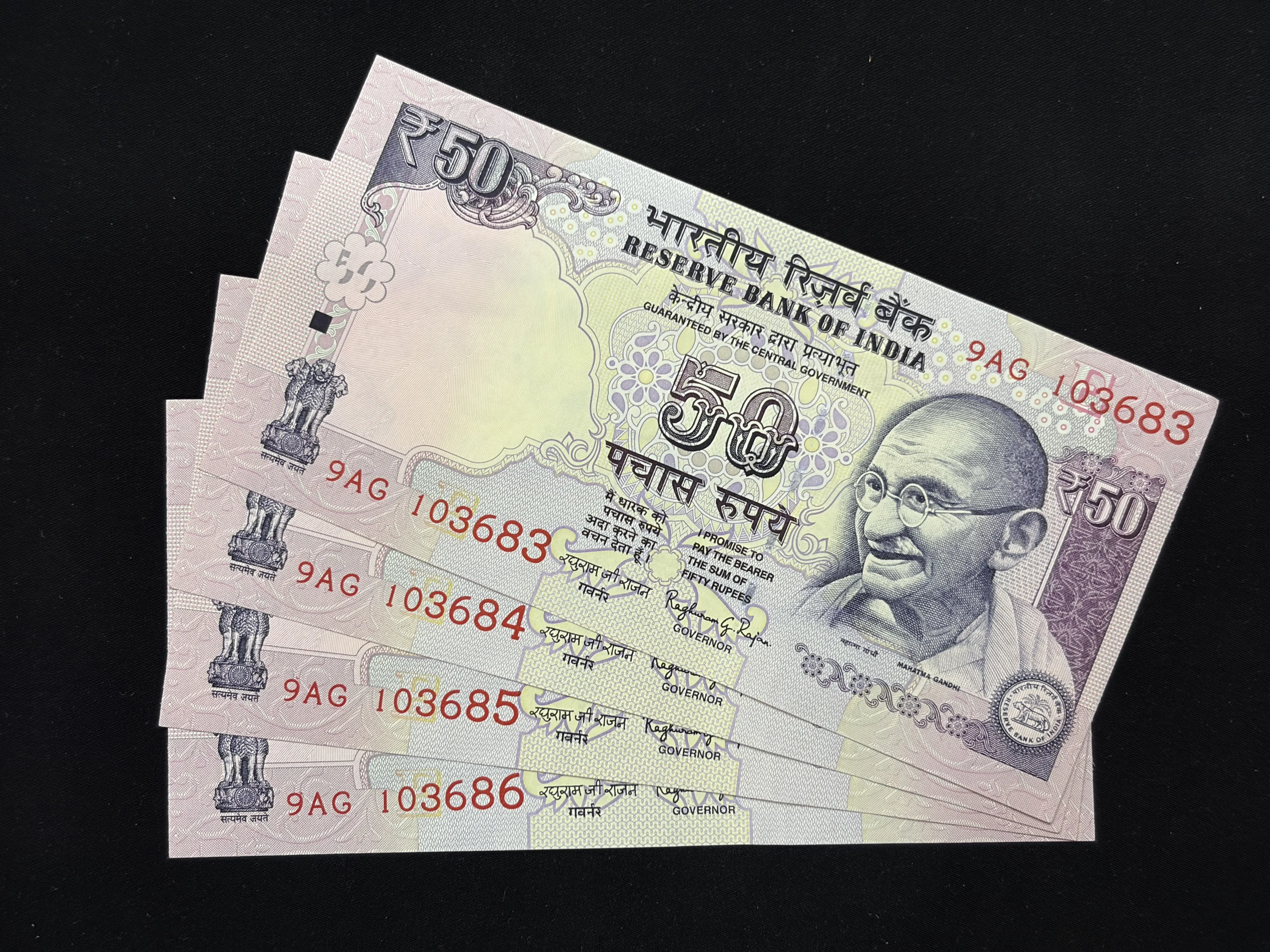 India, 2015 Rupees 50 x 4 Consecutive Serial Number Banknotes, Sign. Raghuram G. Rajan, UNC, RARE, (9AG 103683)