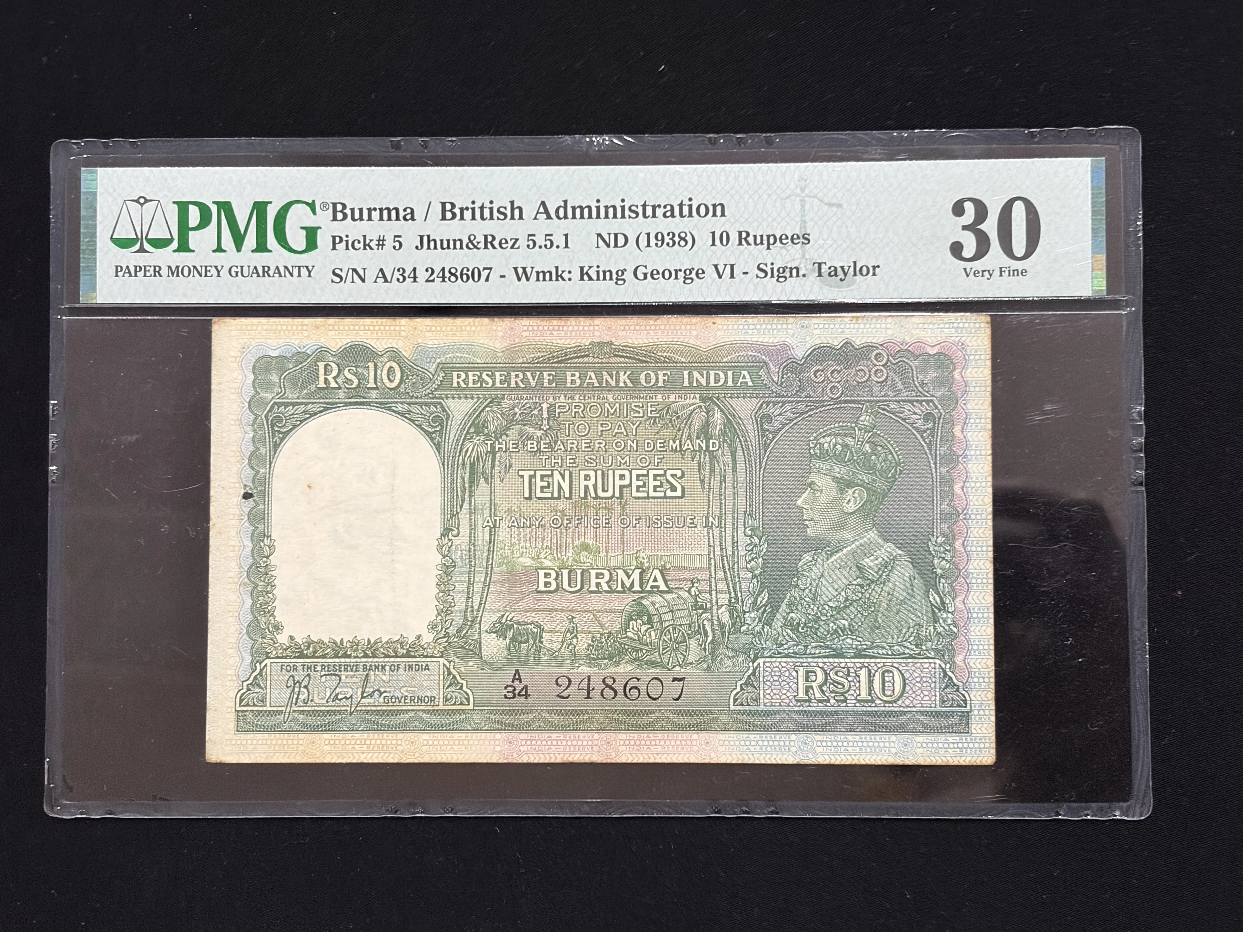 British India, 1938 Rupees 10 Banknote, BURMA Issue, King George VI (KG VI), Prefix (A34), Sign. J.B. Taylor, PMG Graded 30 (Very Fine), (A34 248607)