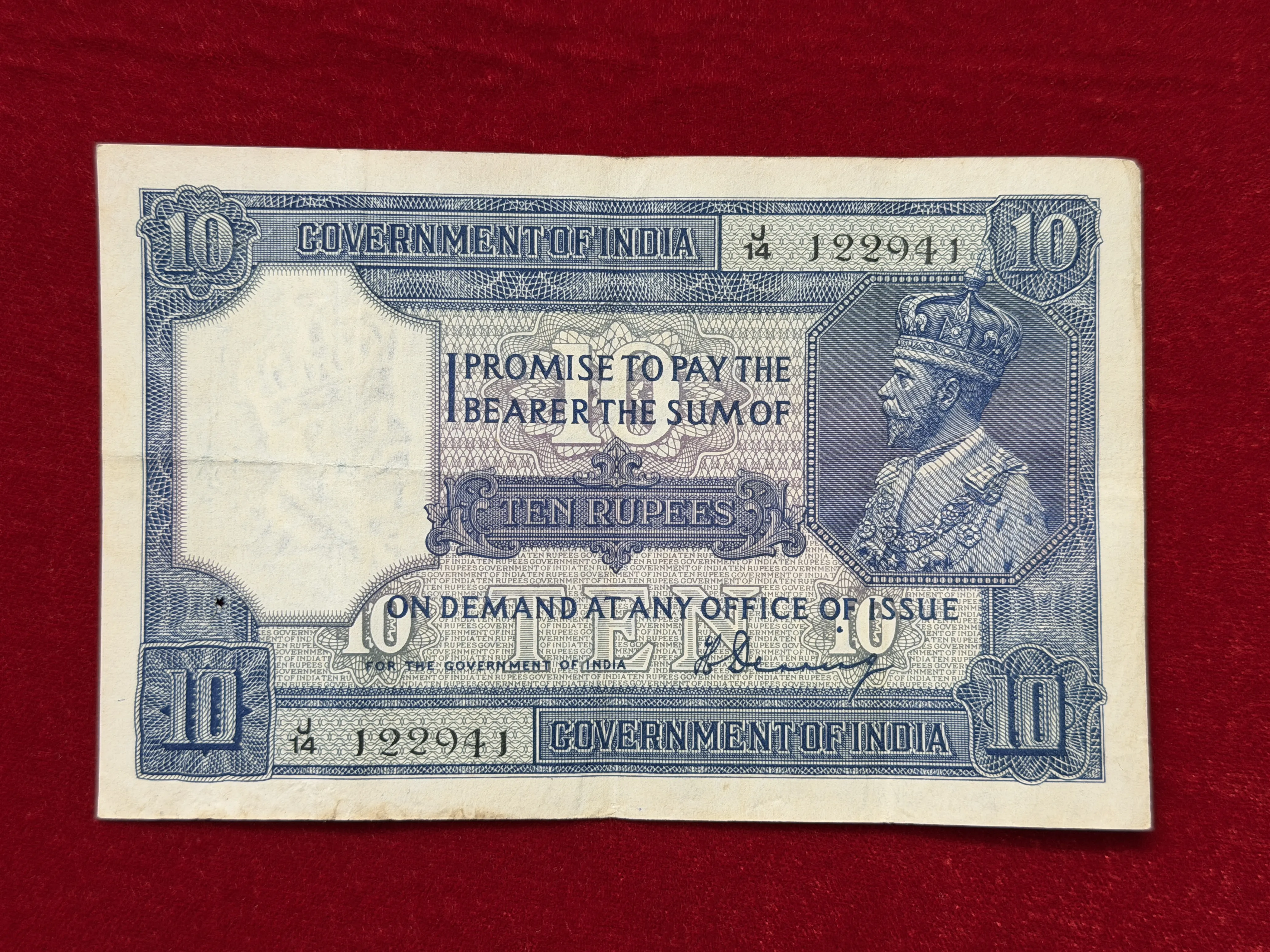 British India, 1925 Rupees 10 Banknote, King George V (KG V), Prefix (J14), Sign. H. Denning, RARE, (J14 122941)