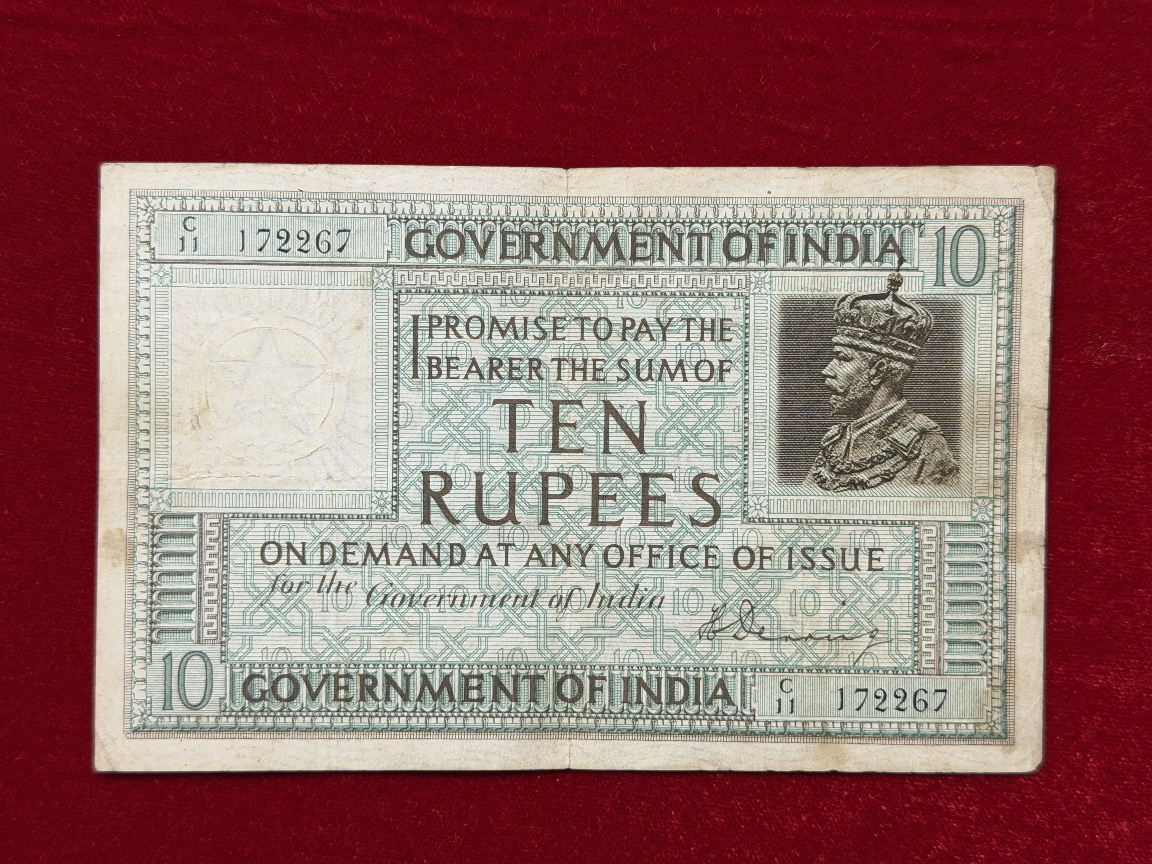 British India, Rupees 10 Banknote, 1st Pattern (2nd Issue, Top Serial Number Left to Right), King George V, Sign. H. Denning, RARE, (C11 172267)