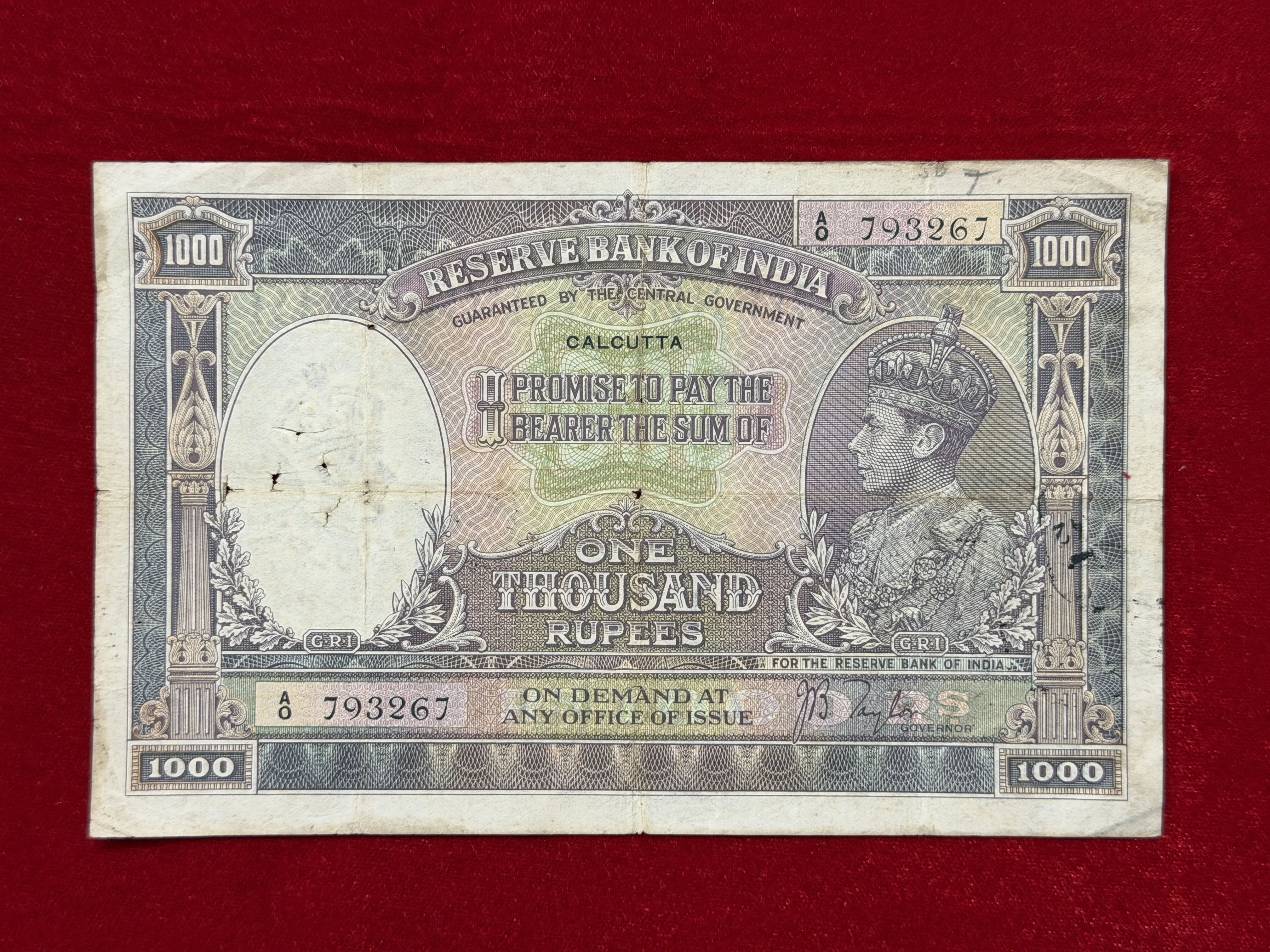 British India, 1938 Rupees 1000 Banknote, King George VI, Sign. J.B. Taylor, Calcutta Circle, RARE & Scare, (A0 793267)