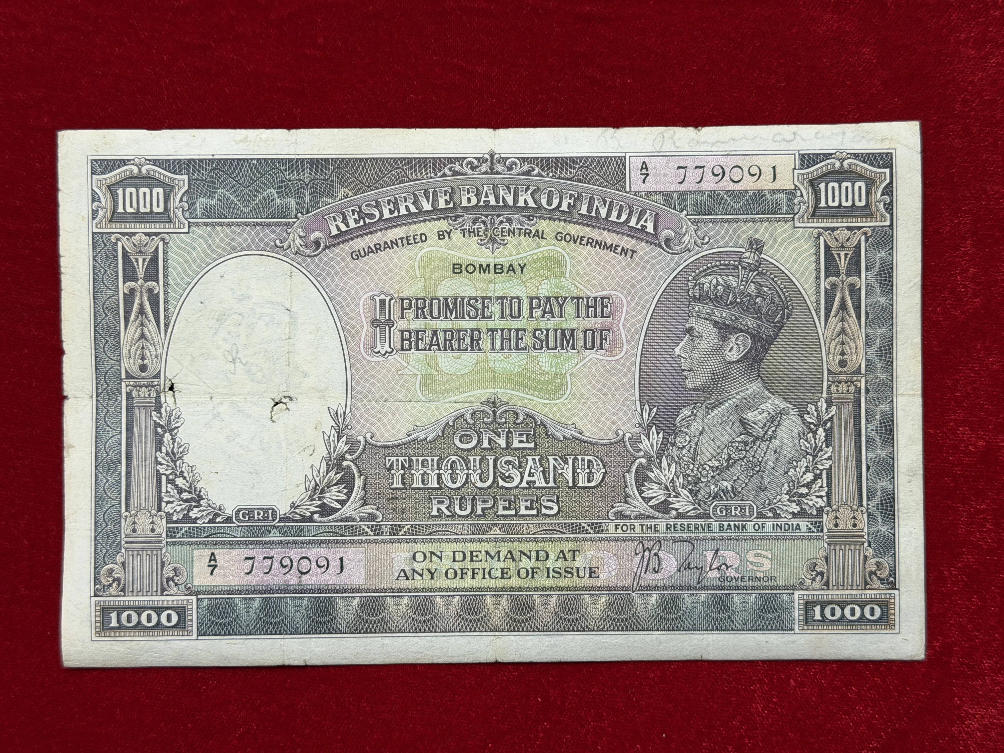 British India, 1938 Rupees 1000 Banknote, King George VI, Sign. J.B. Taylor, Bombay Circle, RARE & Scare, (A7 779091)
