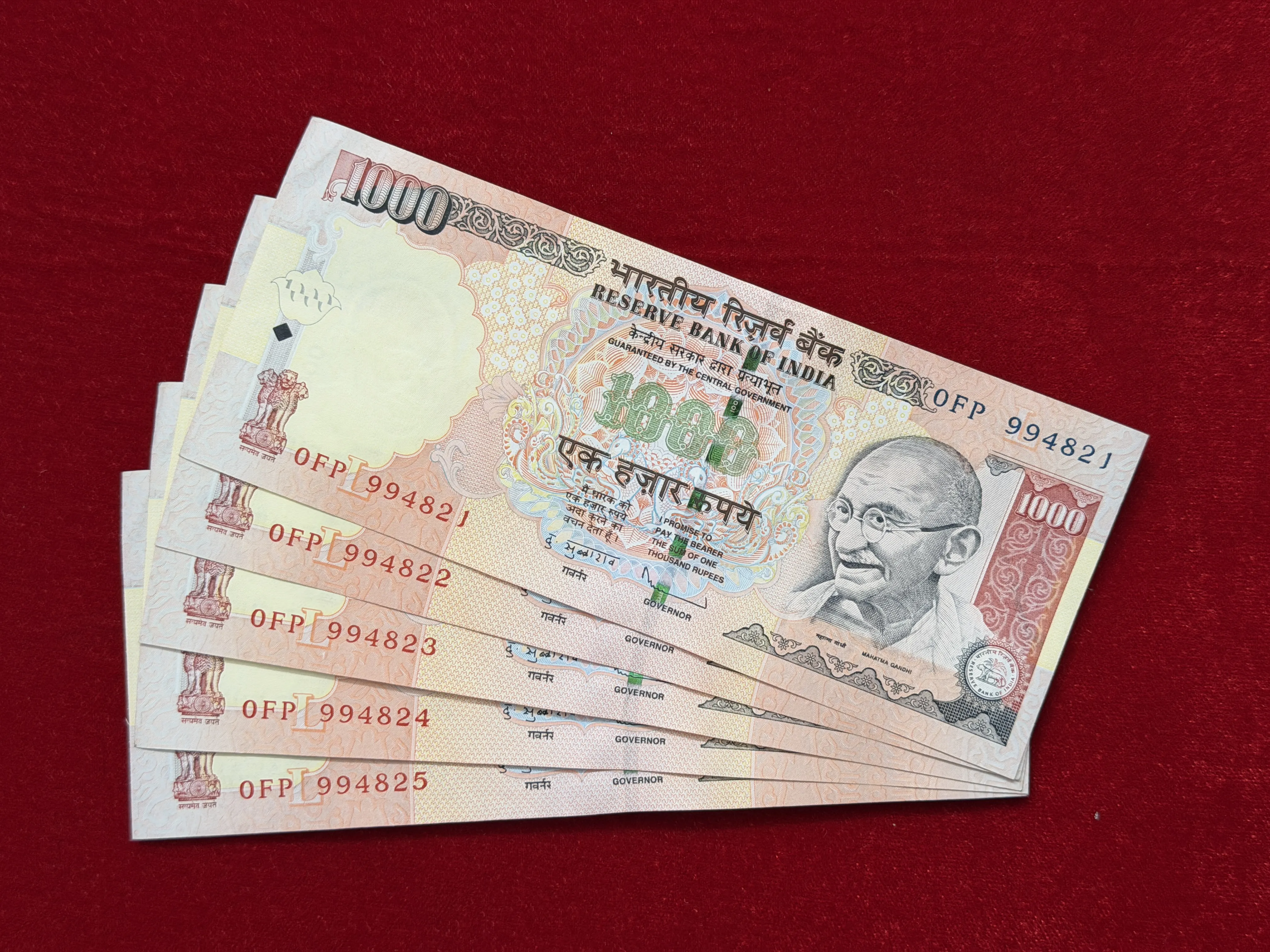 India, 2012 Rupees 1000 x 5 Banknotes, Sign. D. Subbarao, Inset L, UNC, RARE, (0FP 994821)