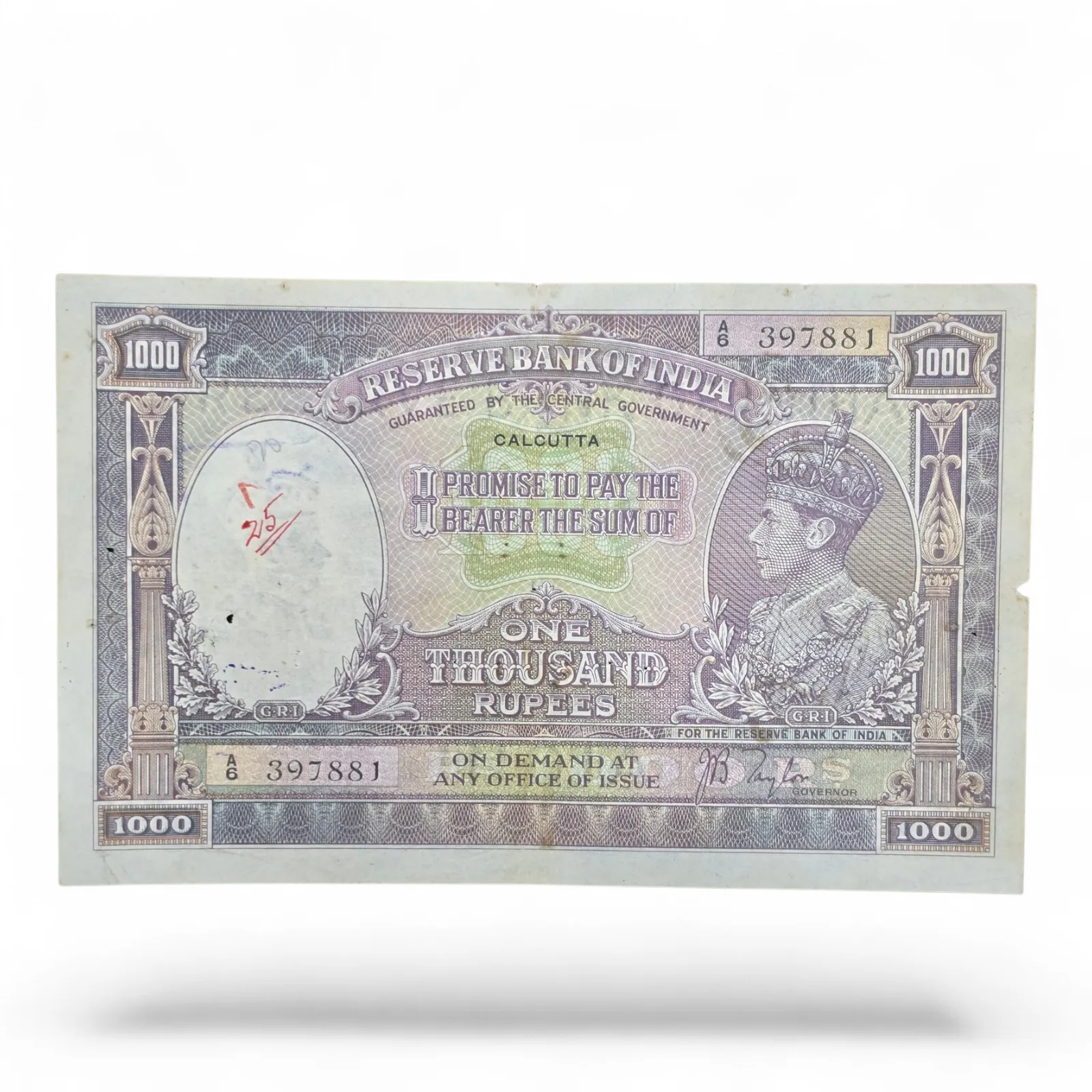 1000 Rs. British India King George VI Note Singed by J.B. Taylor