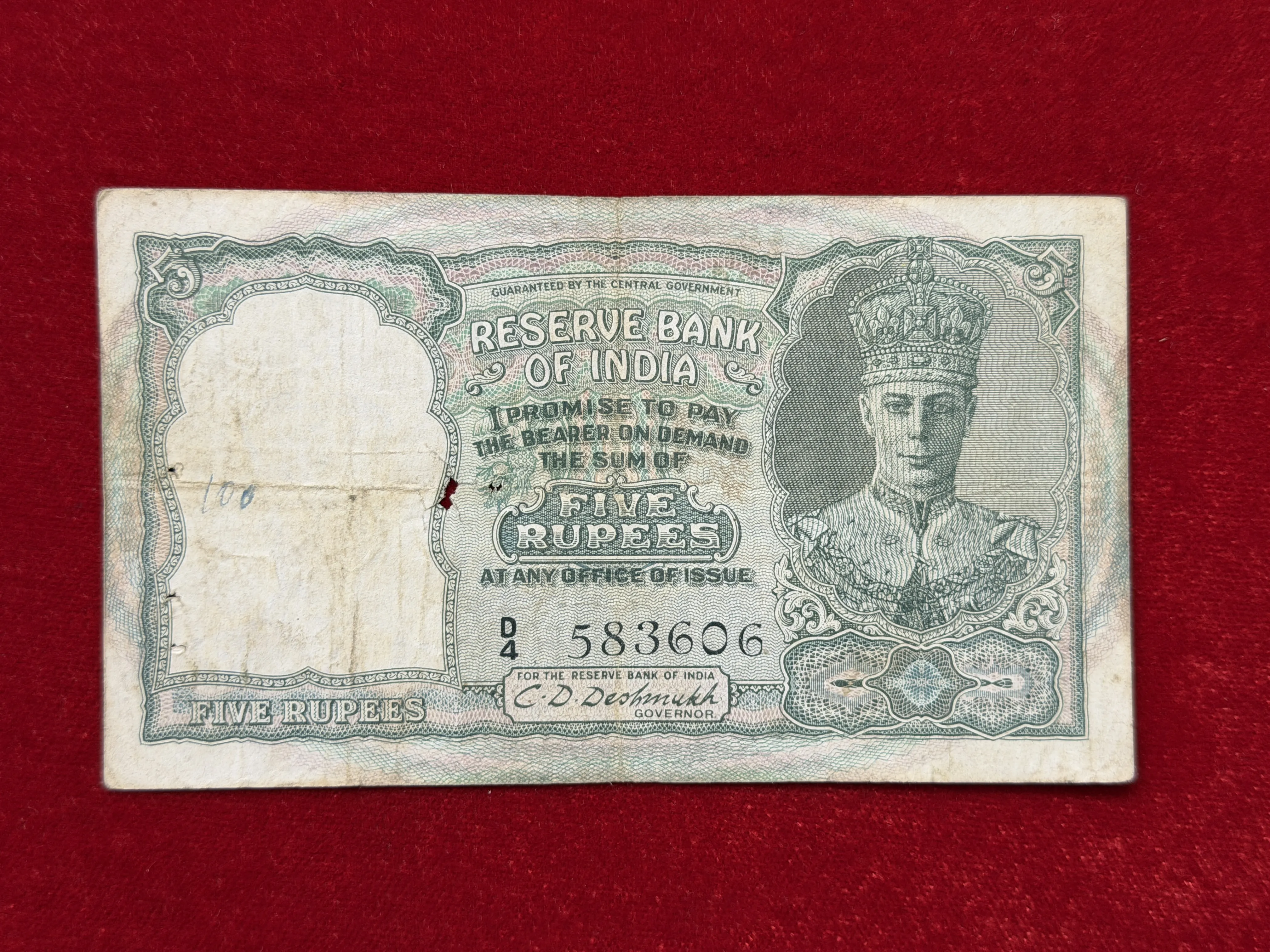 British India, 1944 Rupees 5 Banknote, King George VI (KG VI) Front Face, Sign. C.D. Deshmukh, (D4 583606)