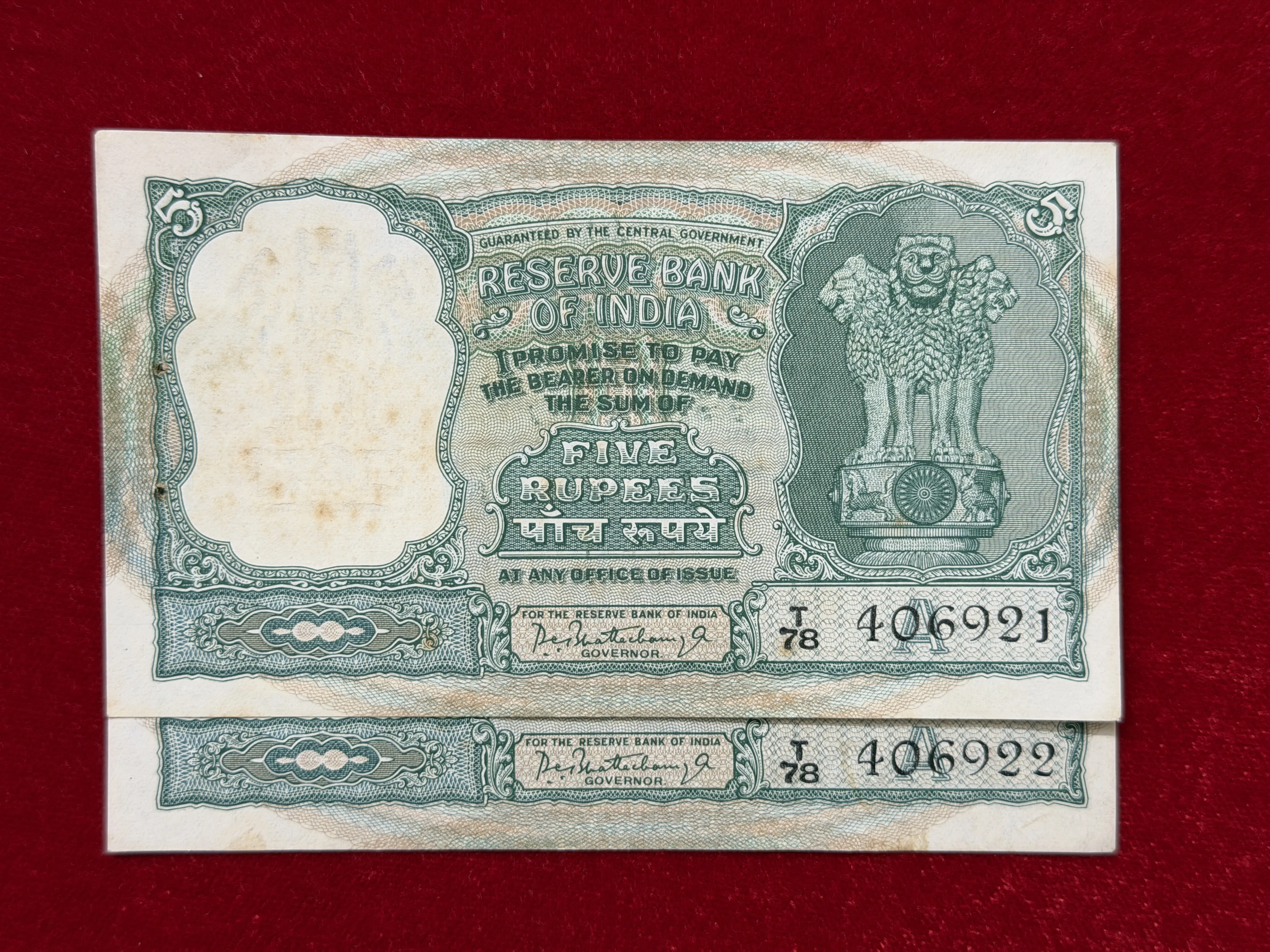 India, Rupees 5 x 2 Consecutive Serial Number Banknotes, 3 Deer Issue, Sign. P.C. Bhattacharya, Inset A, UNC, (T78 406921)