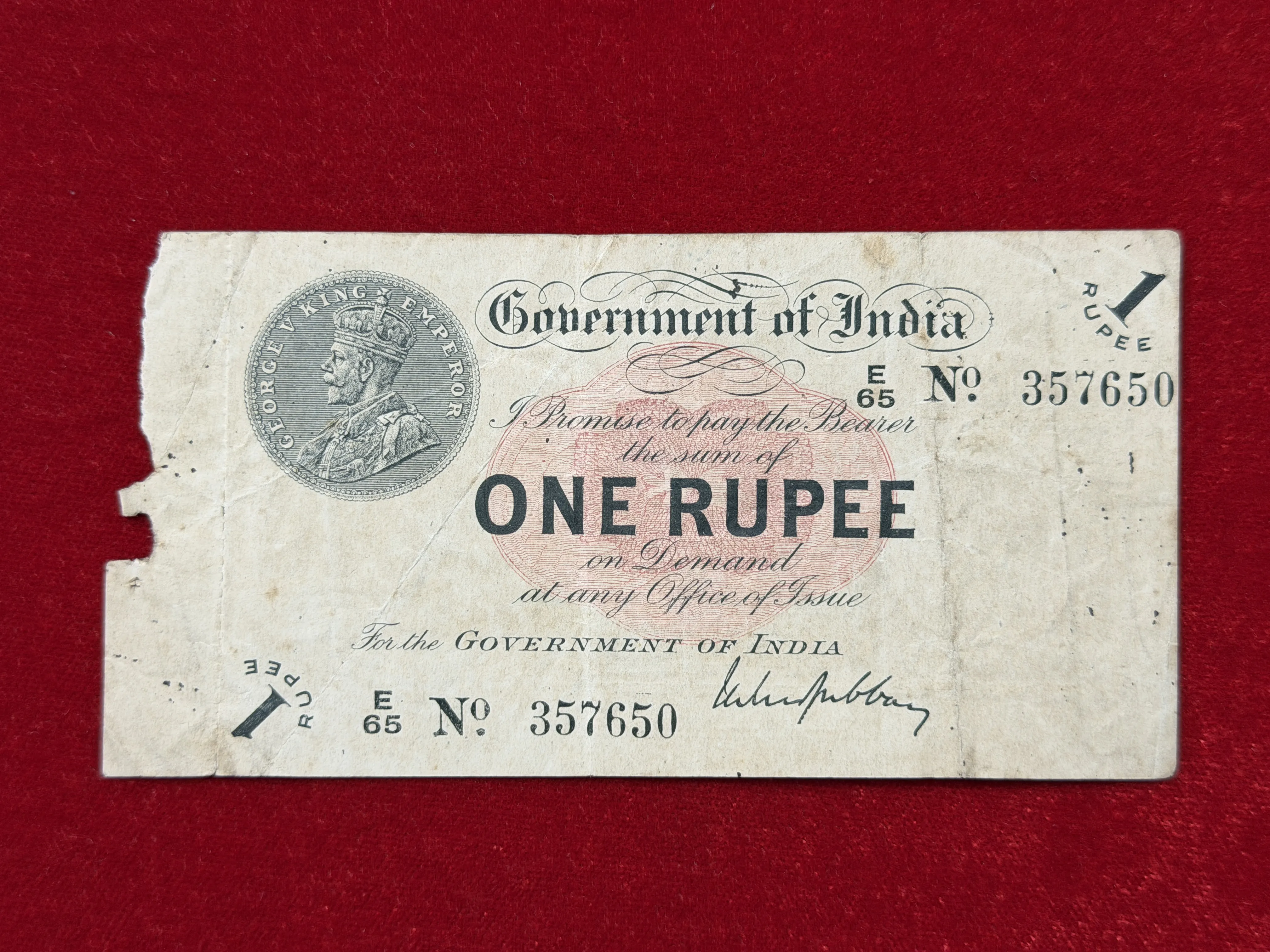 British India, 1917 Rupee 1 Banknote, King George V (KG V), Sign. M.M.S. Gubbay, RARE, (E75 848213)