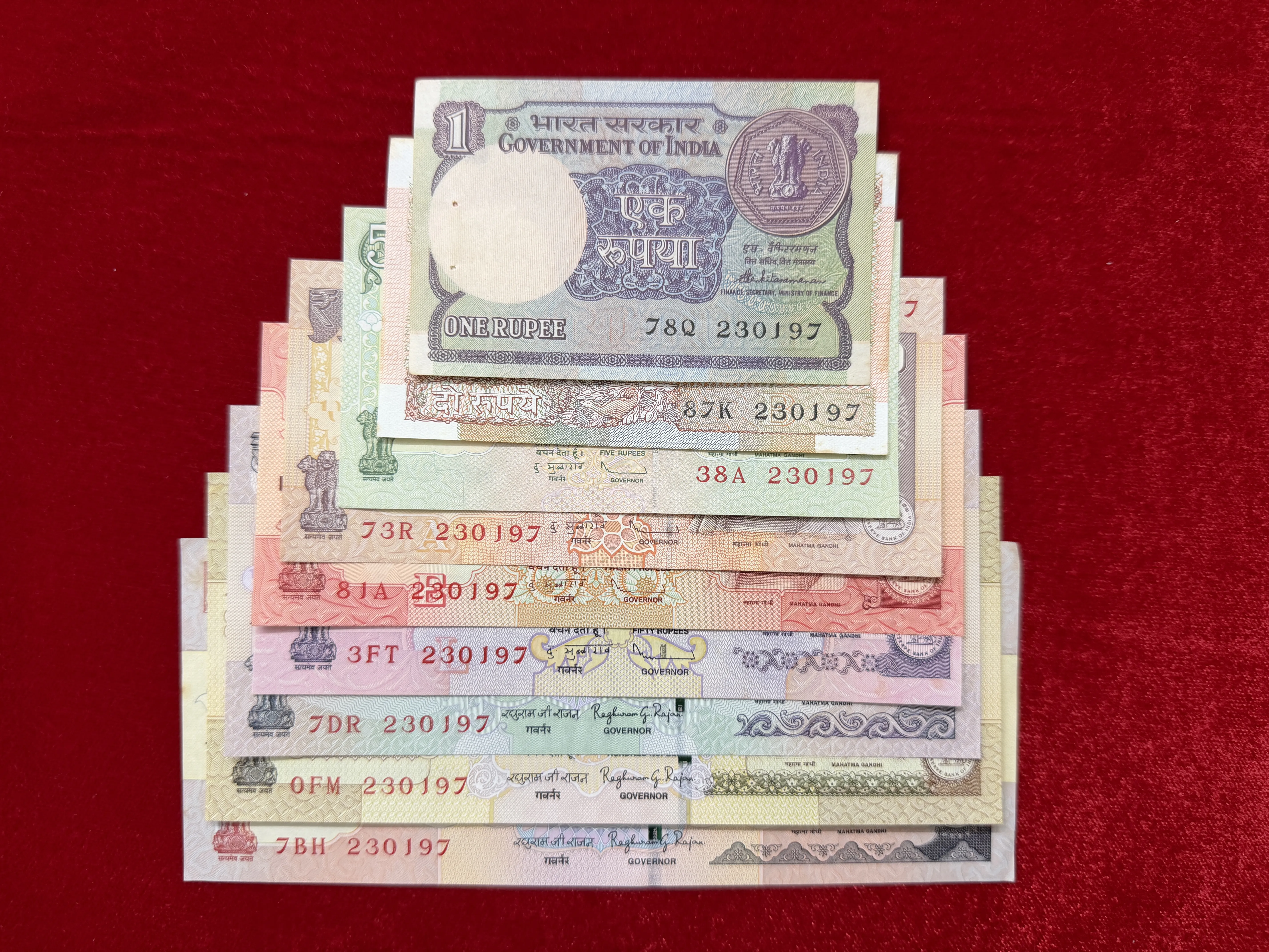 India, Rupee 1, Rupees 2, 5, 10, 20, 50, 100, 500 & 1000 Banknote, Set of Same Serial Number 23-01-97, RARE & Scare, UNC, (78Q 230197)