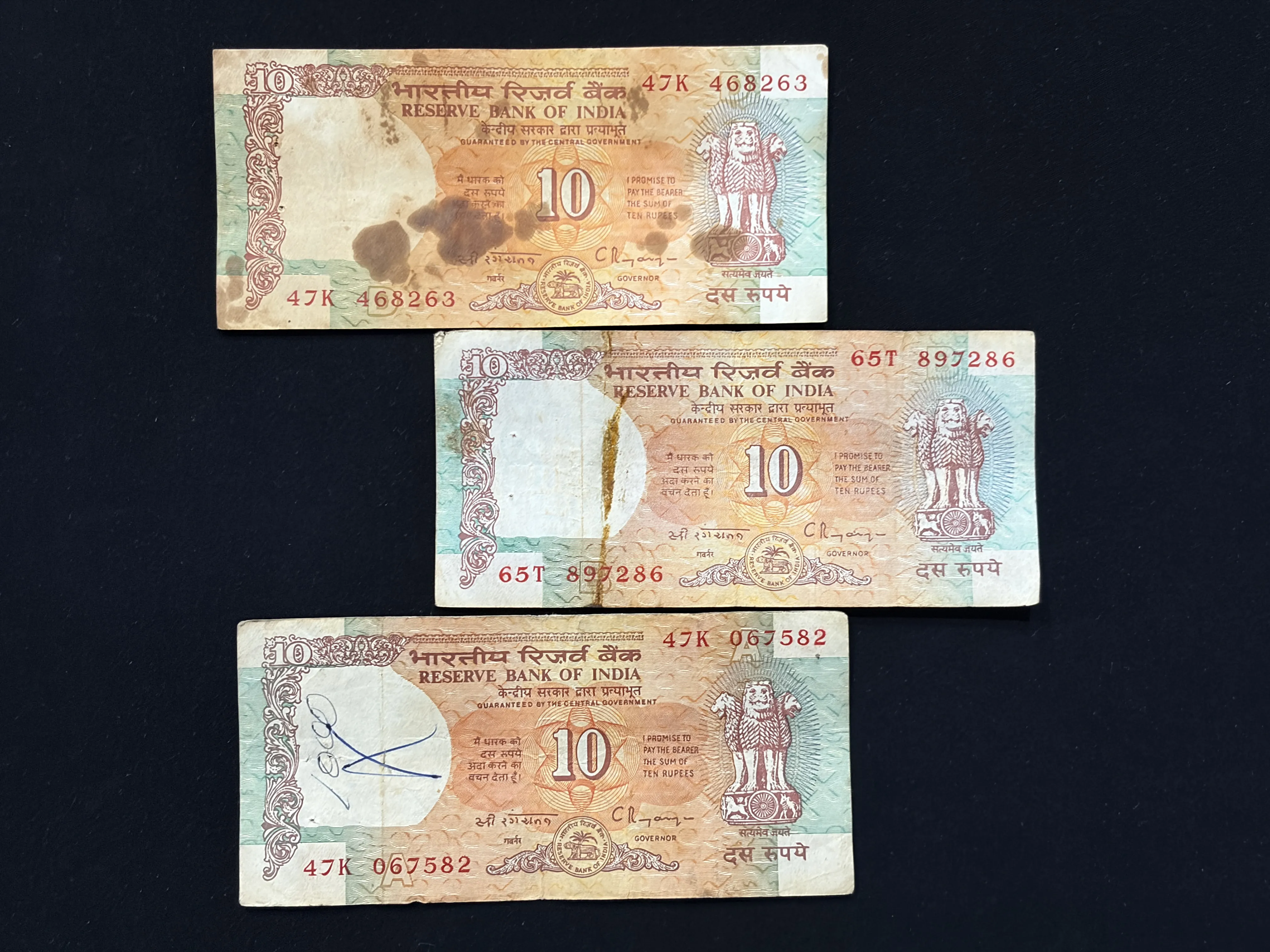 India, Rupees 10 x 3 Banknotes, Shalimar Garden Issue, Sign. C. Rangarajan, Inset A, B & D, (47K 468263)