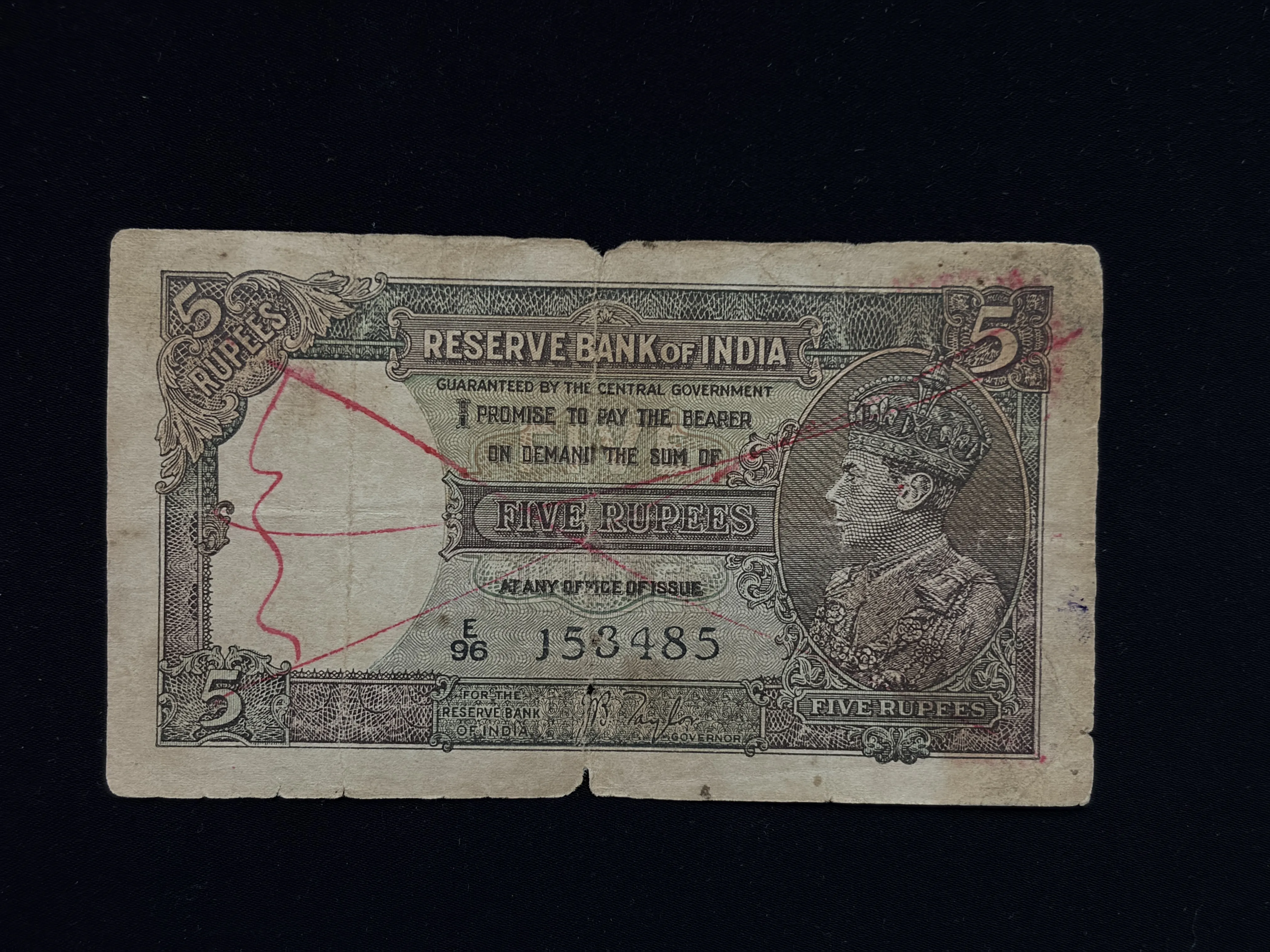 British India, 1938 Rupees 5 Banknote, King George VI (KGVI), Sign. J. B. Taylor, Contemporary Forgery, (E96 153485)