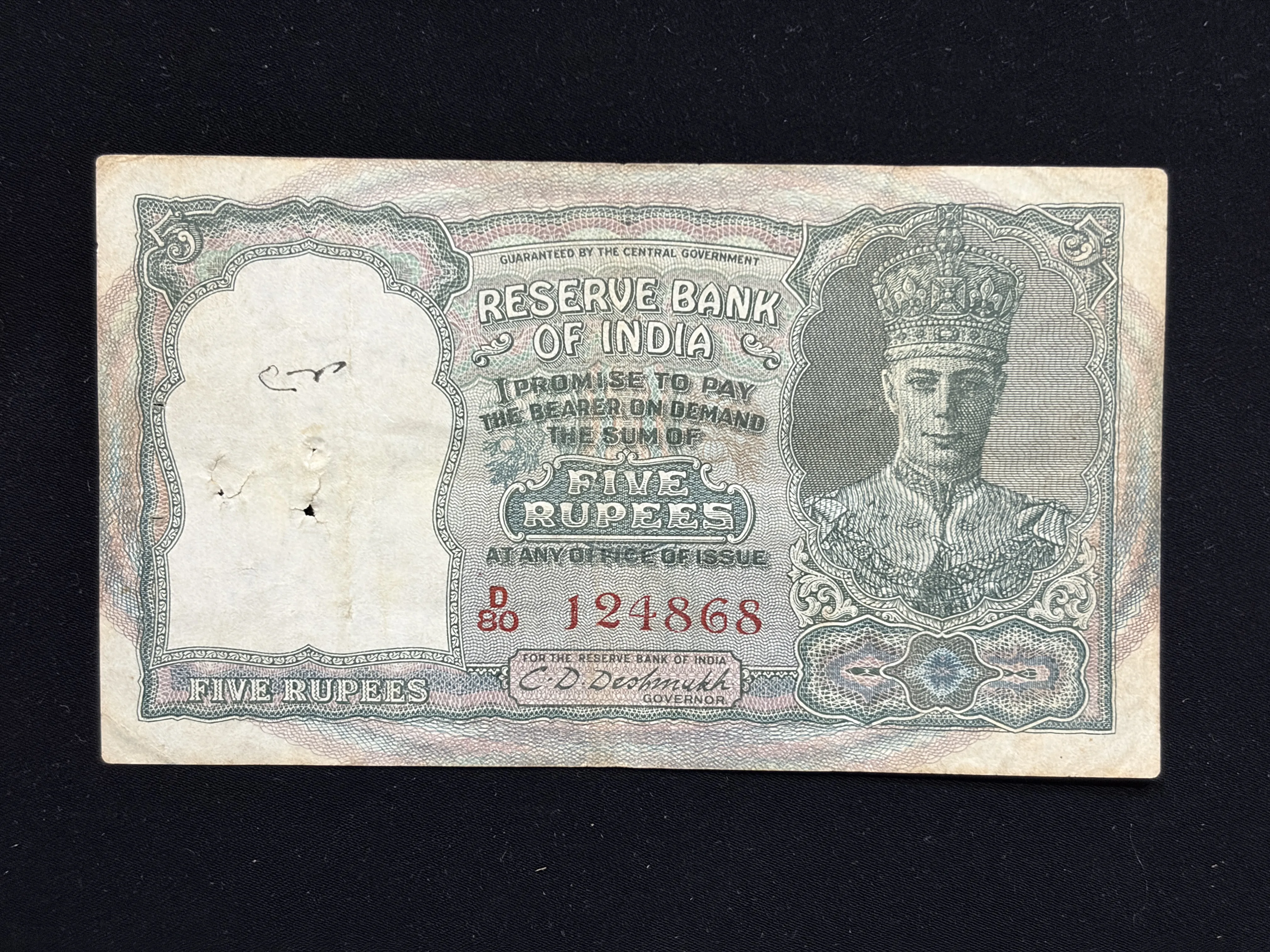 British India, 1949 Rupees 5 Banknote, RED Serial, King George VI, Sign. C.D. Deshmukh, RARE & Scare, (D80 124868)