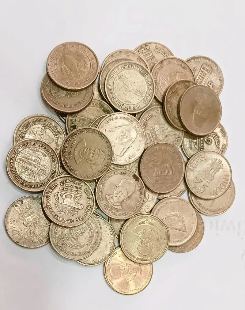 5 RUPEE COMMEMORATIVE ISSUE NICKEL BRASS ISSUE MIX 15 TO 20 VERITY 100 COINS LOT