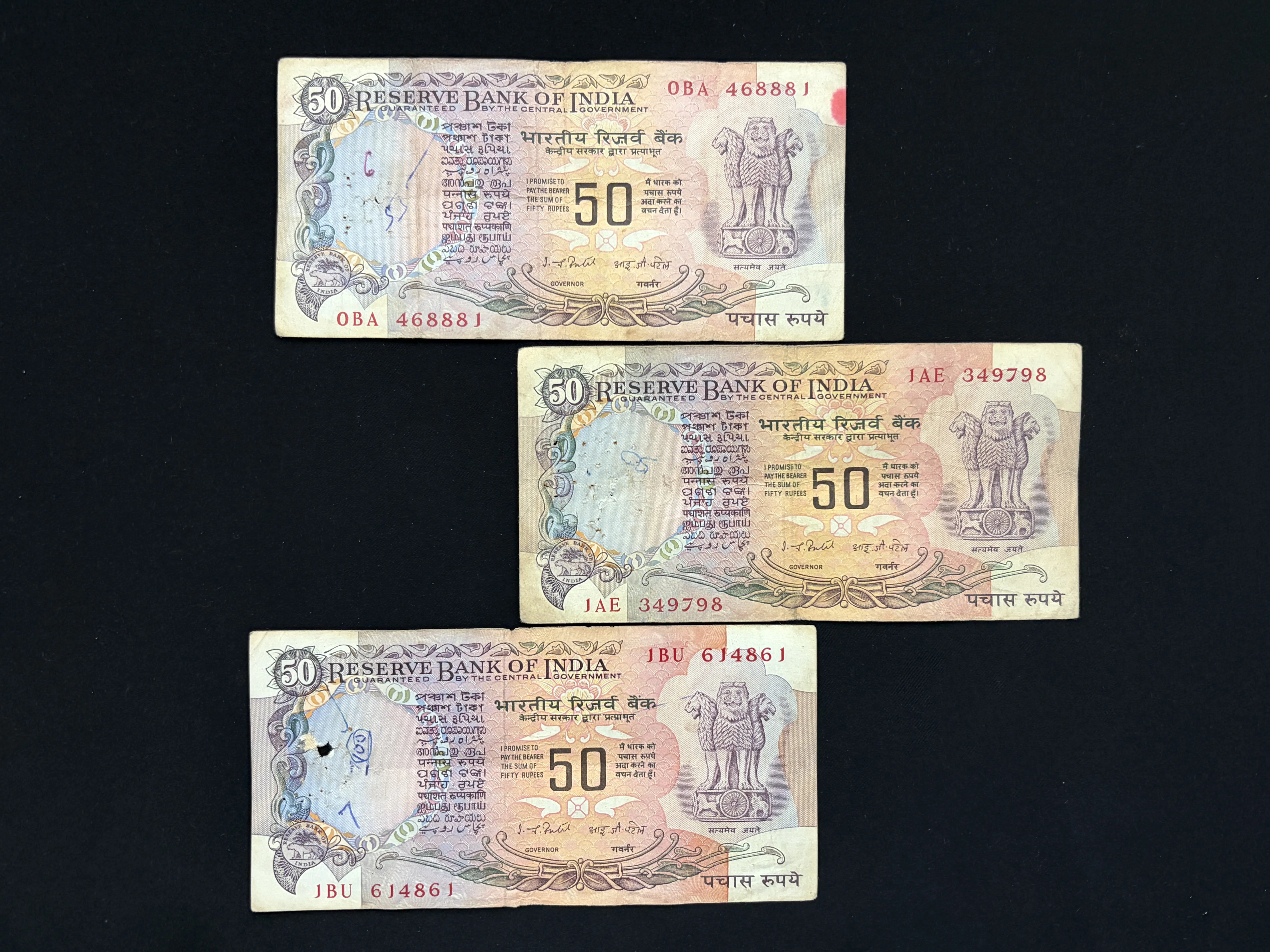 India, Rupees 50 x 3 Banknotes, With Flag Issue, Sign. I.G. Patel, Inset Plain, Used Condition, (0BA 468881)