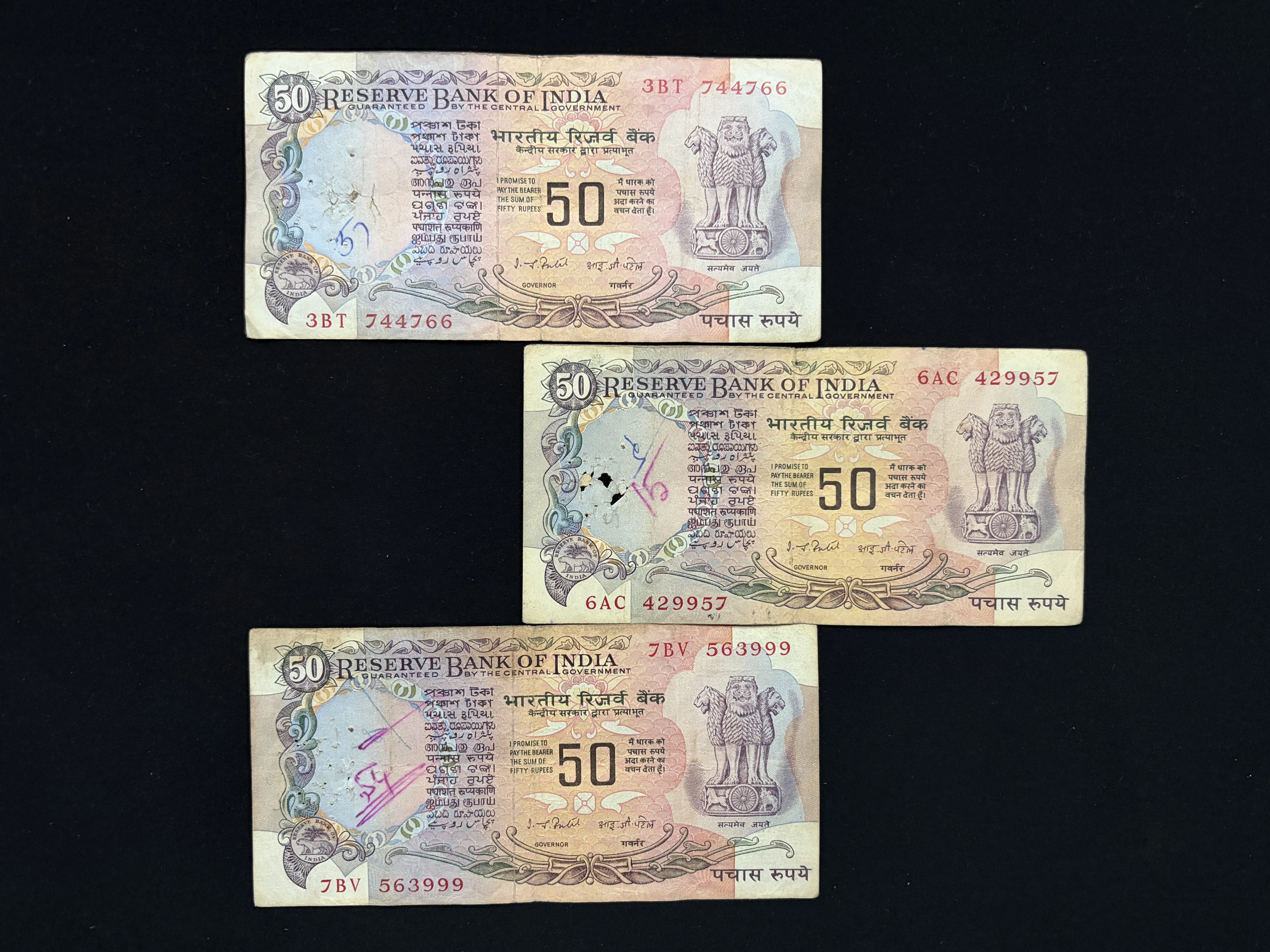 India, Rupees 50 x 3 Banknotes, With Flag Issue, Sign. I.G. Patel, Inset Plain, Used Condition, (3BT 744766)