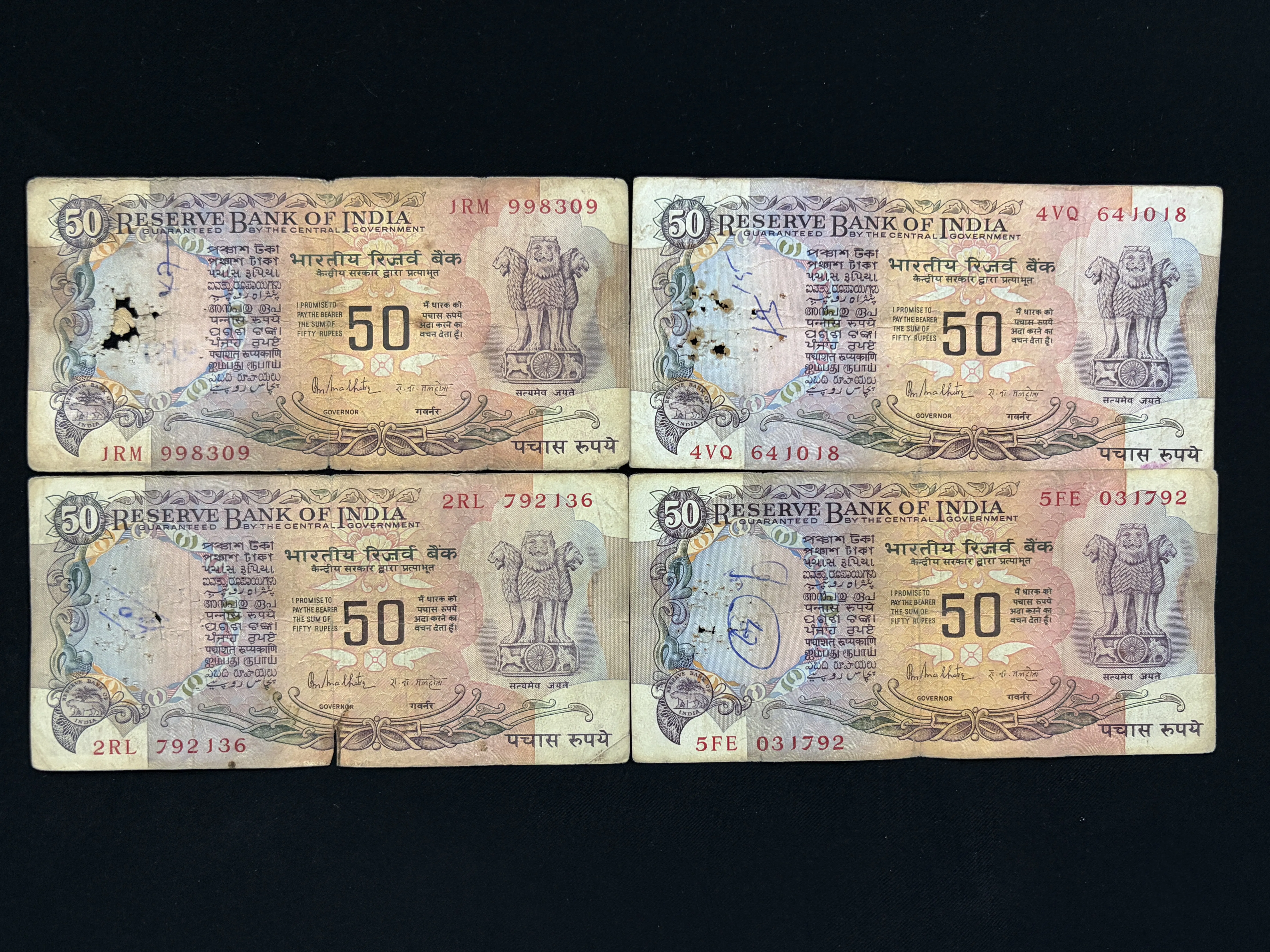 India, Rupees 50 x 4 Banknotes, With Flag Issue, Sign. R.N. Malhotra, Inset Plain, Used Condition, (1RM 998309)