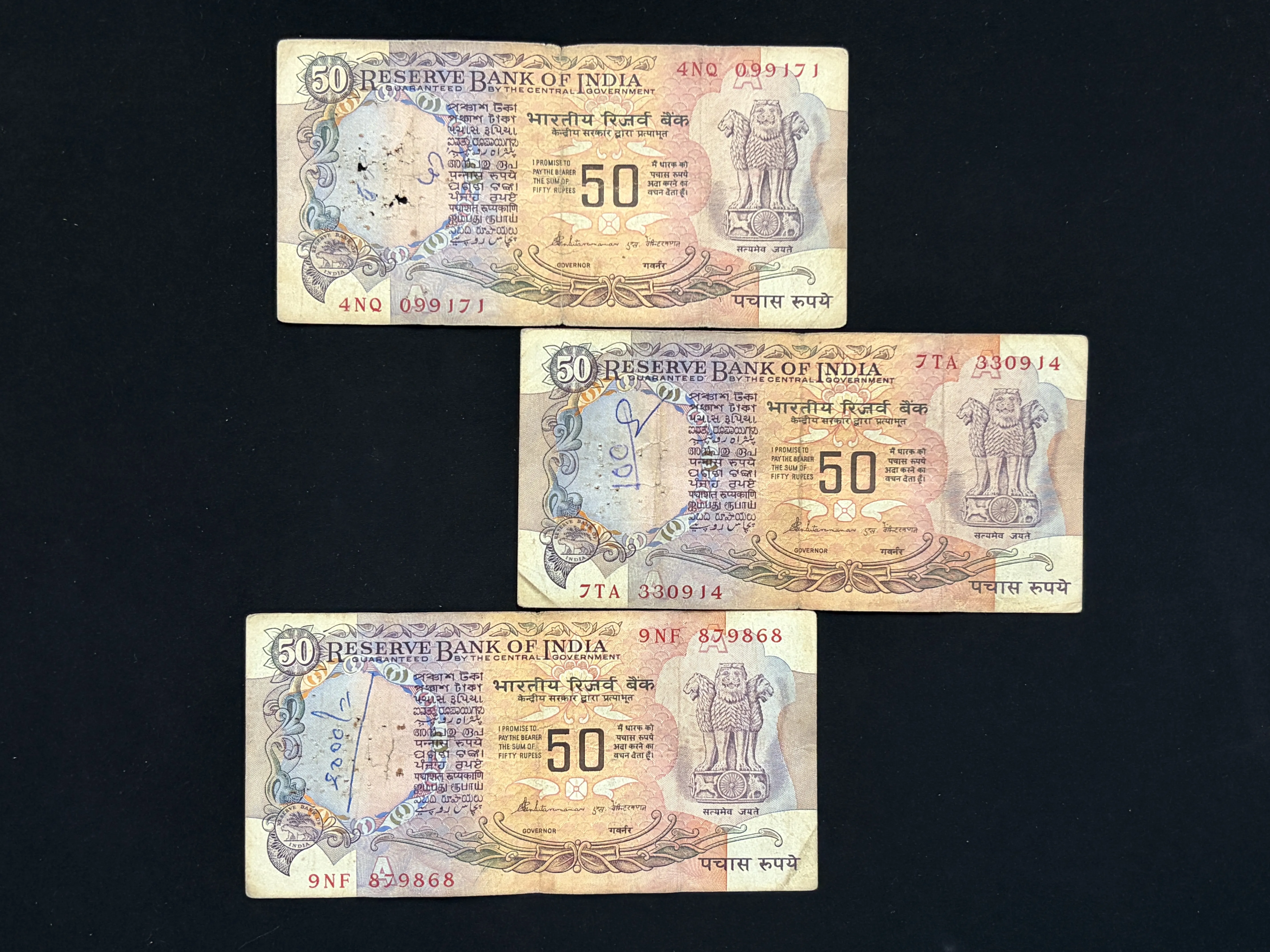 India, Rupees 50 x 3 Banknotes, With Flag Issue, Sign. S. Venkitaramanan, Inset A, Used Condition, (4NQ 099171)