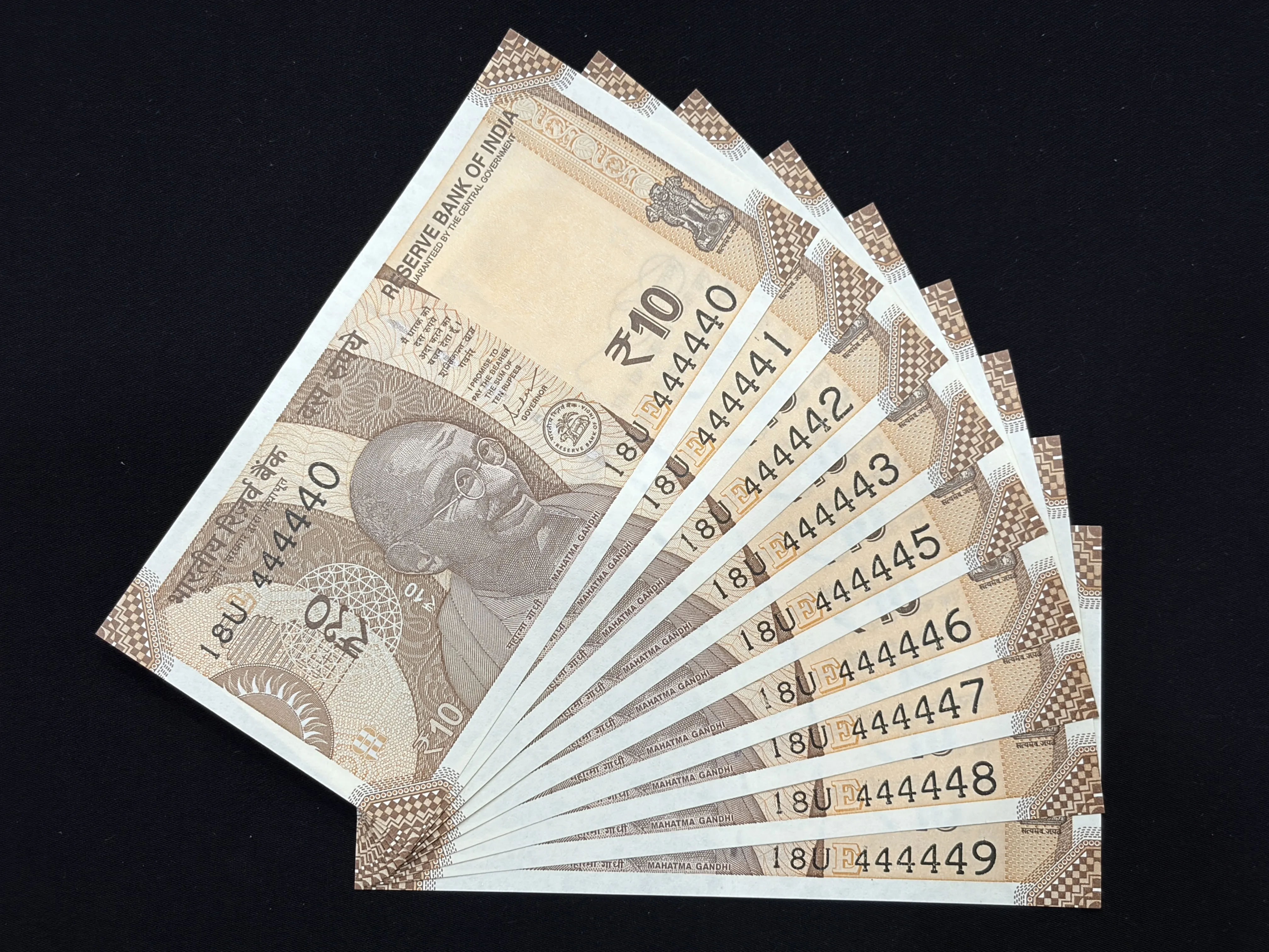 India, 2024 Rupees 10 x 10 Consecutive Serial Banknotes, Set of Fancy Serial Number 44444x, Sign. ​​​​​​​Shaktikanta Das, Inset E, UNC, Scare, (18U 444440)