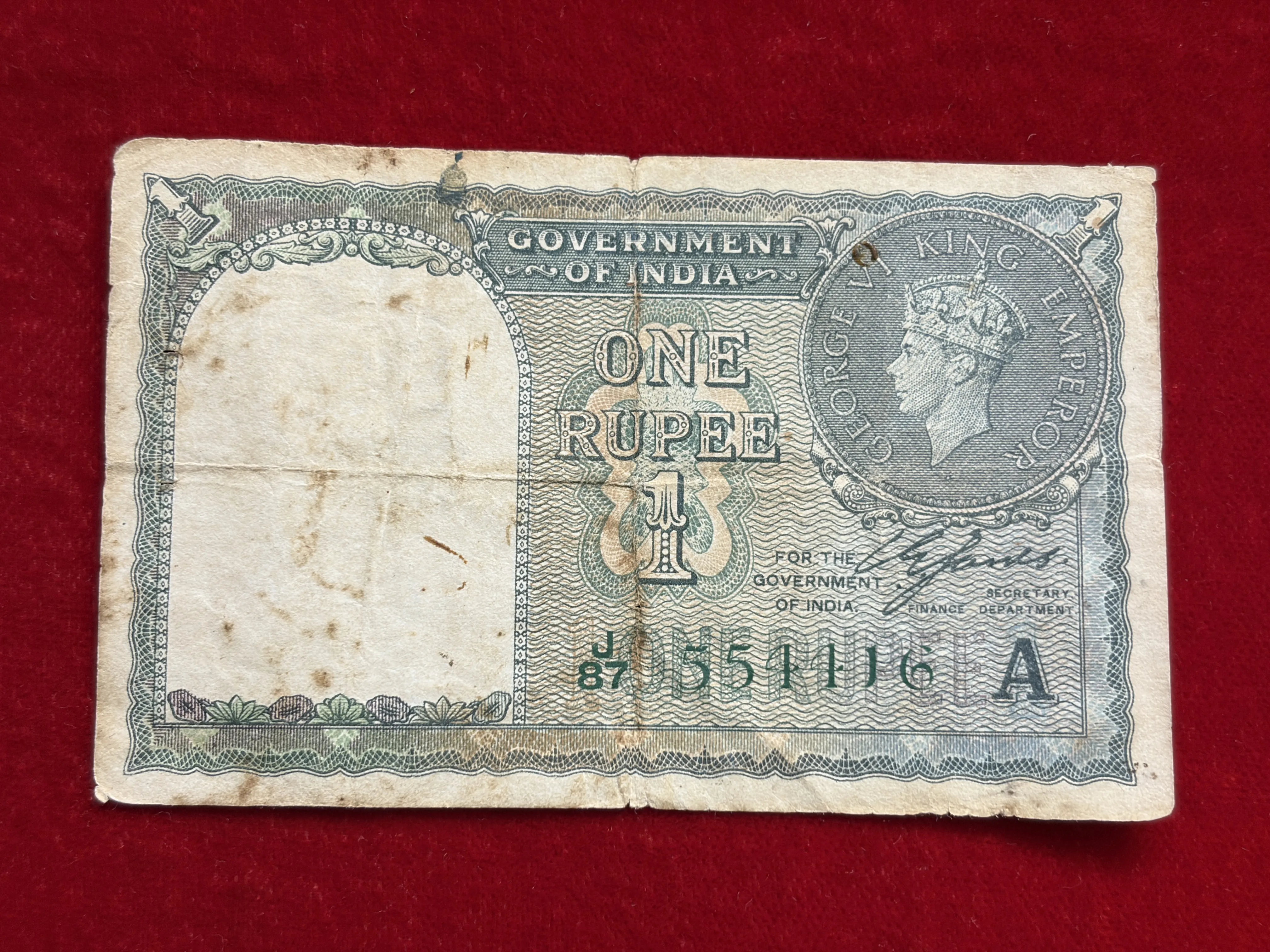 British India, 1940 Rupees 1 Banknote, King George VI (KG VI), Sign. C.E. Jones, Inset A, (J87 554416)