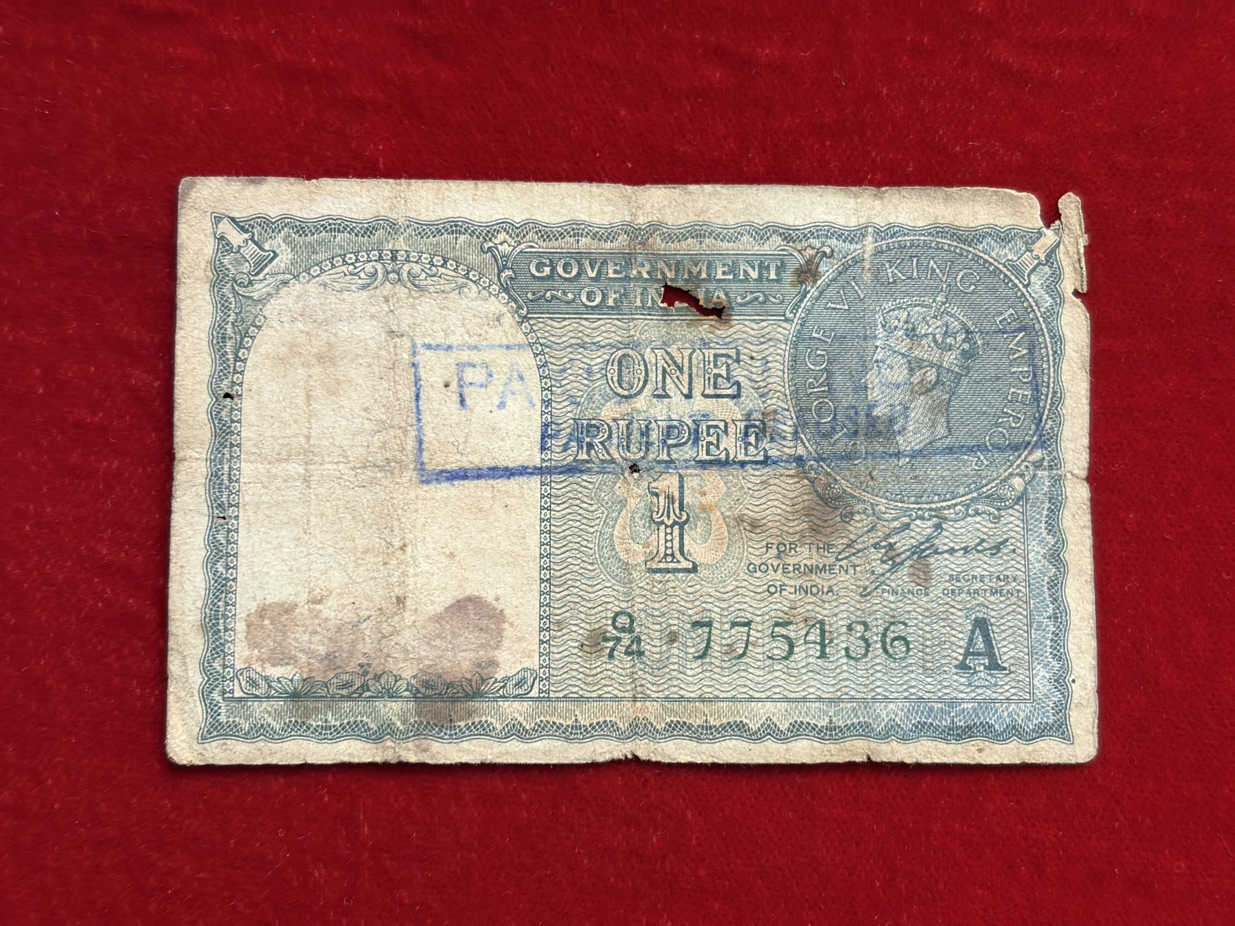 British India, 1940 Rupees 1 Banknote, King George VI (KG VI), Sign. C.E. Jones, Inset A, Scare, (Q74 775436)