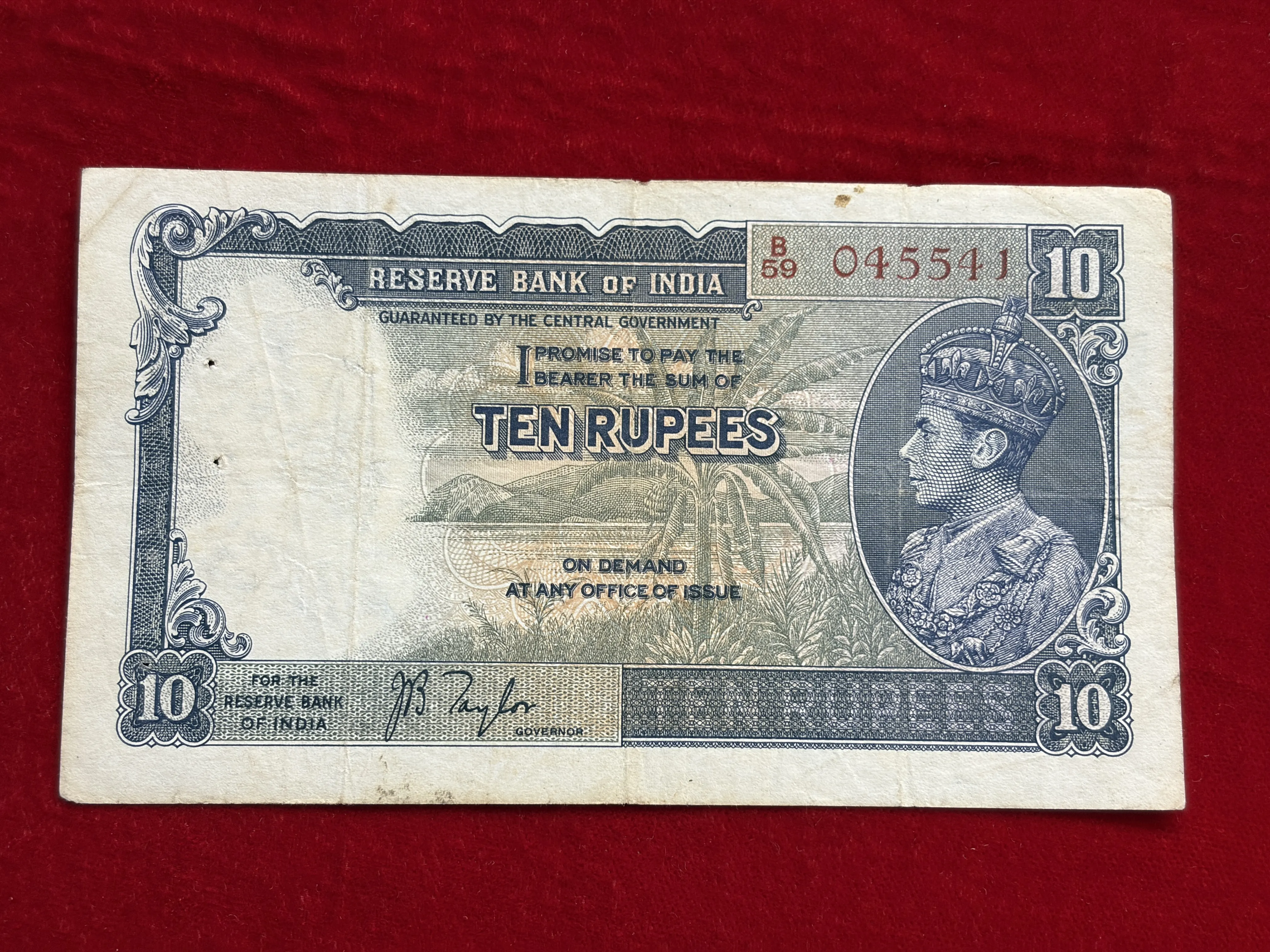 British India, 1938 Rupees 10 Banknote, Fancy Serial Number Ending 541 (SAI), King George VI (KG VI), Sign. J. B. Taylor, RARE, (B59 045541)