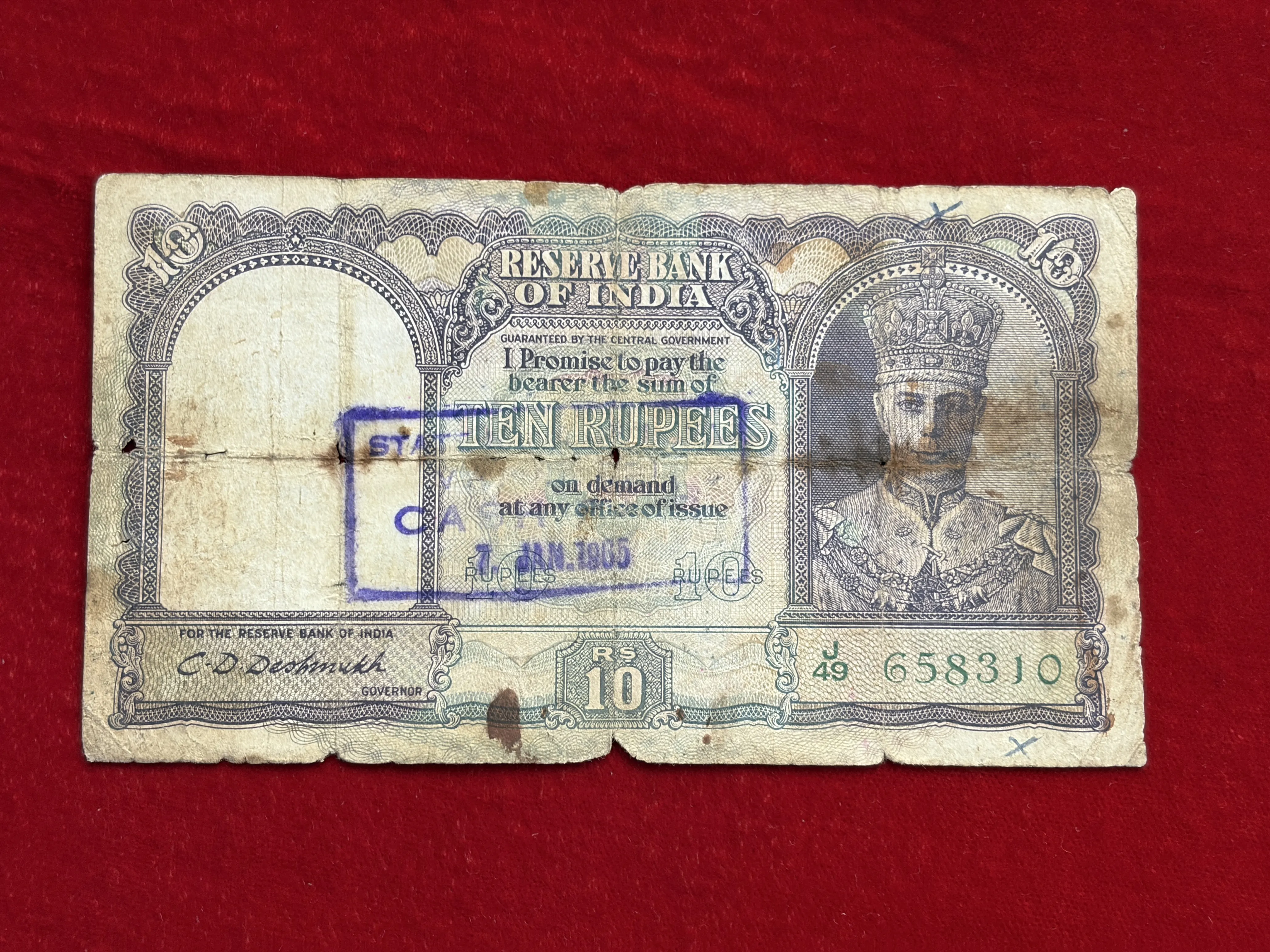 British India, 1944 Rupees 10 Banknote, King George VI (KG VI) Front Face, Sign. C.D. Deshmukh, (J49 658310)