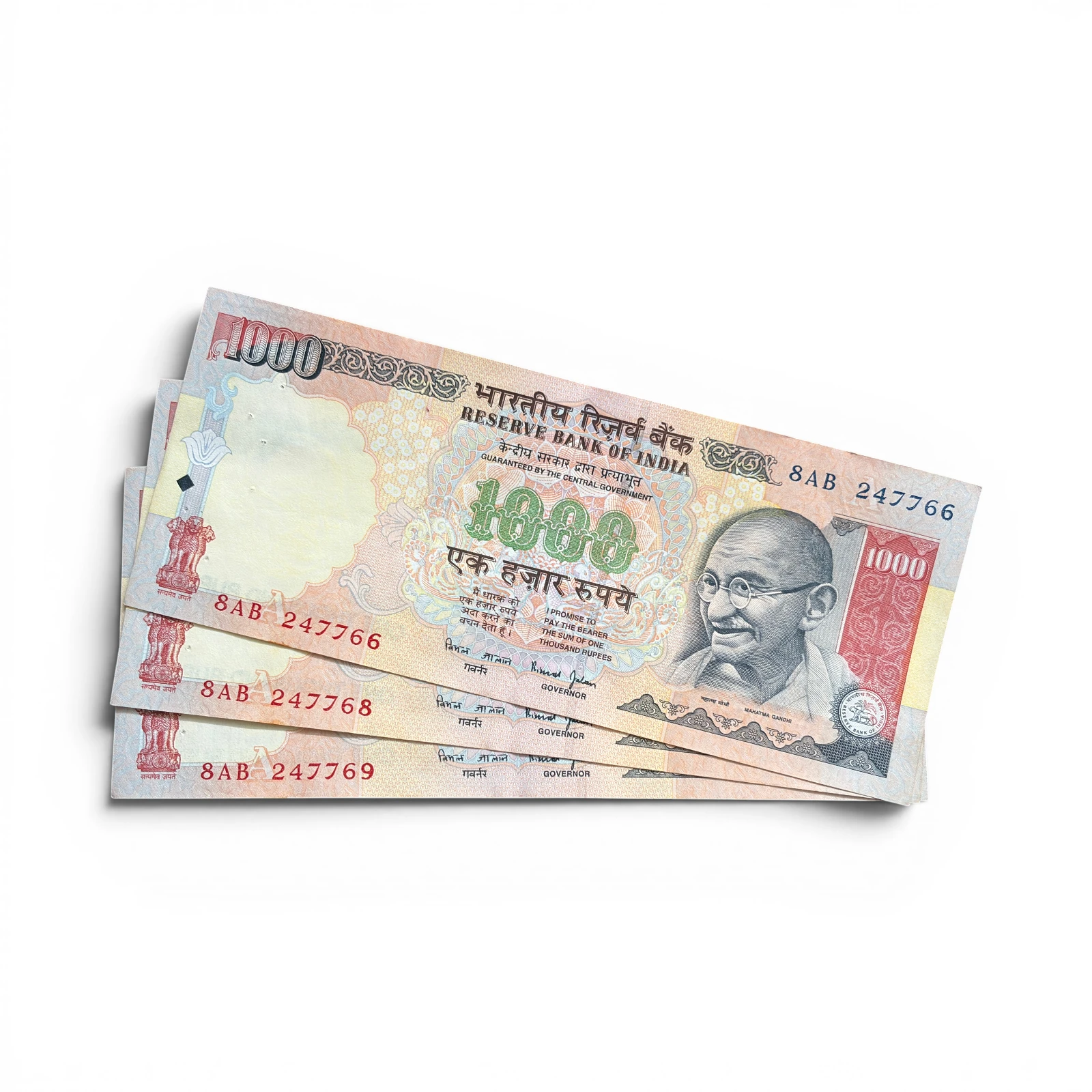 India, Rupees 1000 x 3 Banknotes,  Sign. Bimal Jalan, Inset A, UNC, Scare, (8AB 247766)