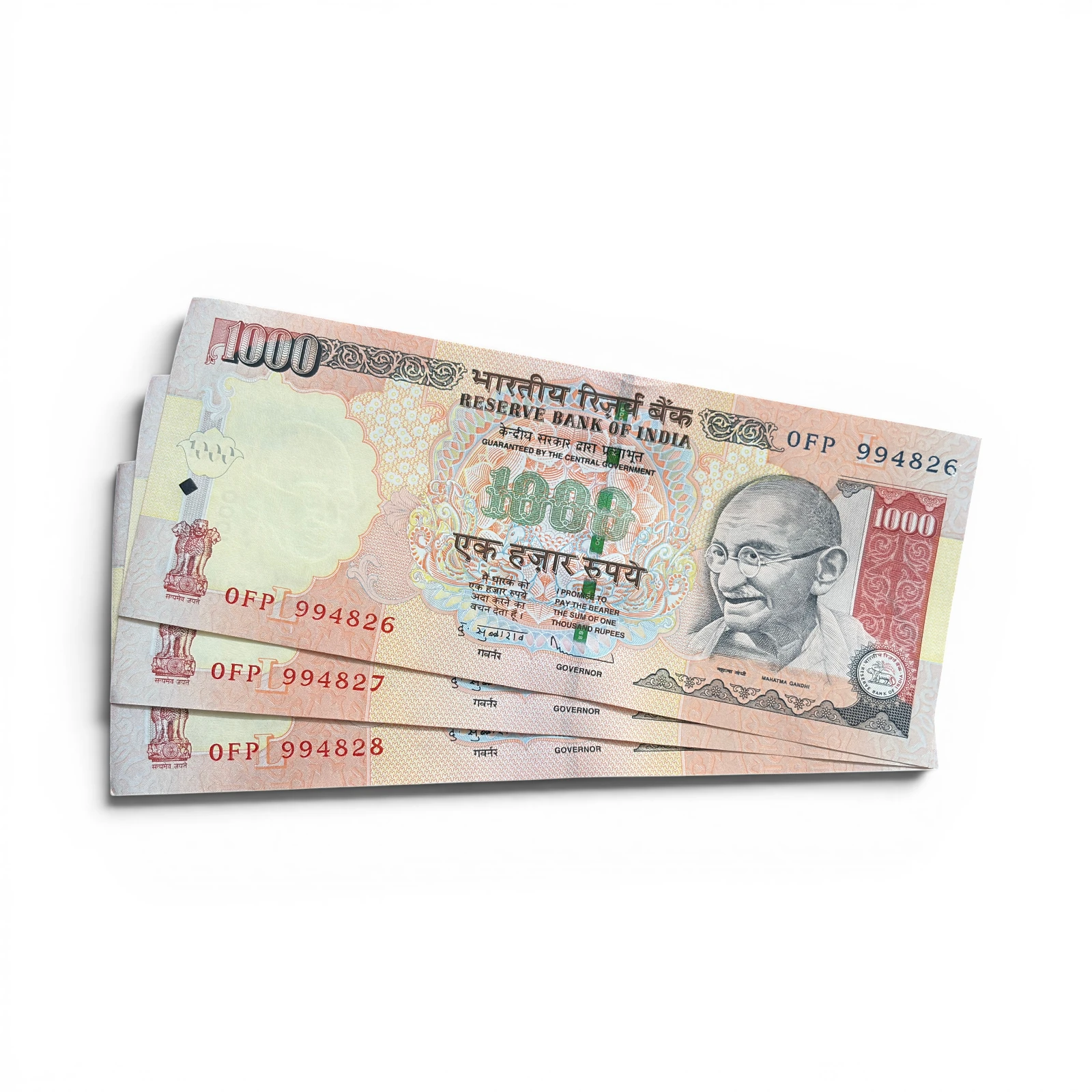 India, 2012 Rupees 1000 x 3 Consecutive Serial Banknotes,  Sign. D. Subbarao, AUNC, RARE, (0FP 994826)