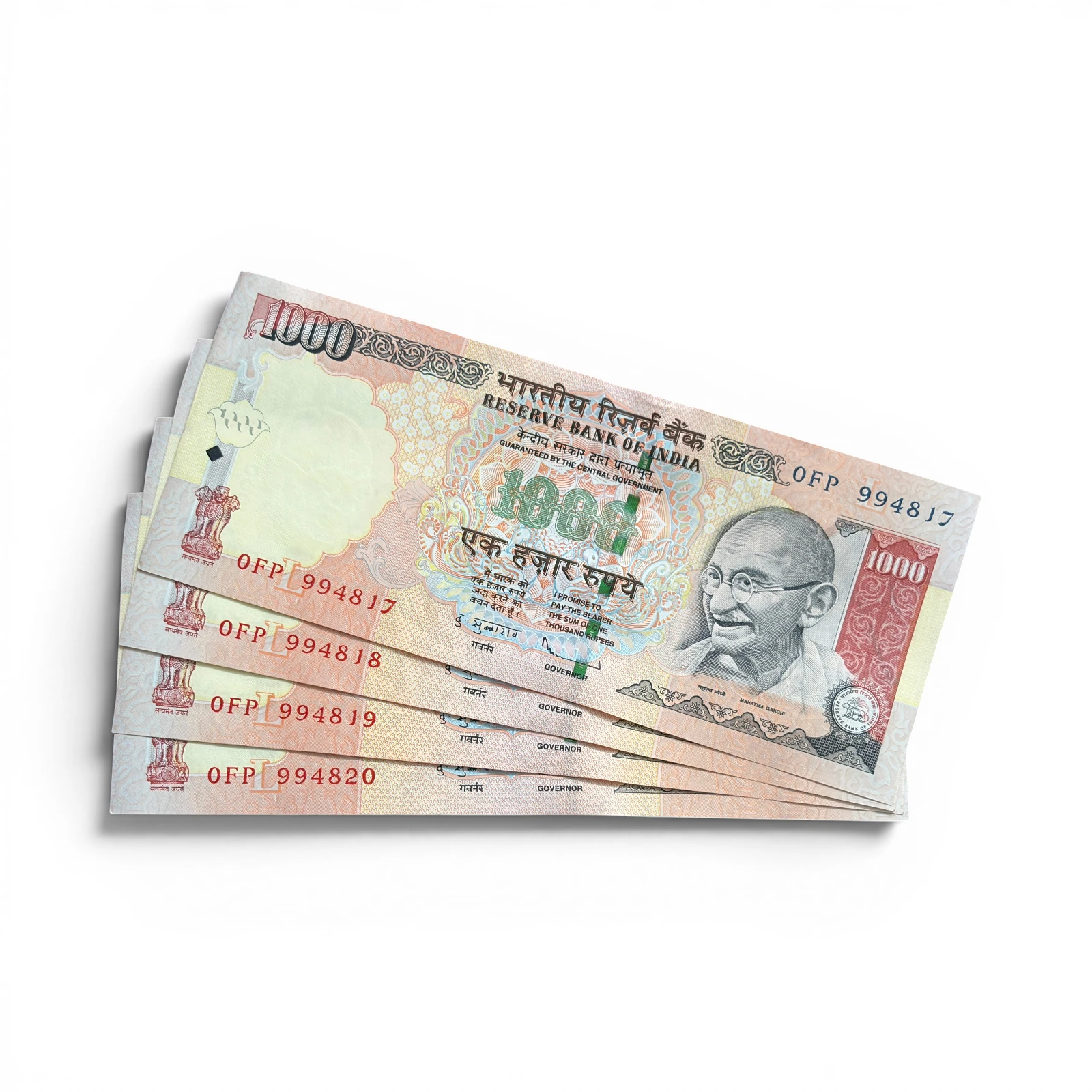 India, 2012 Rupees 1000 x 4 Consecutive Serial Banknotes,  Sign. D. Subbarao, AUNC, RARE, (0FP 994817)