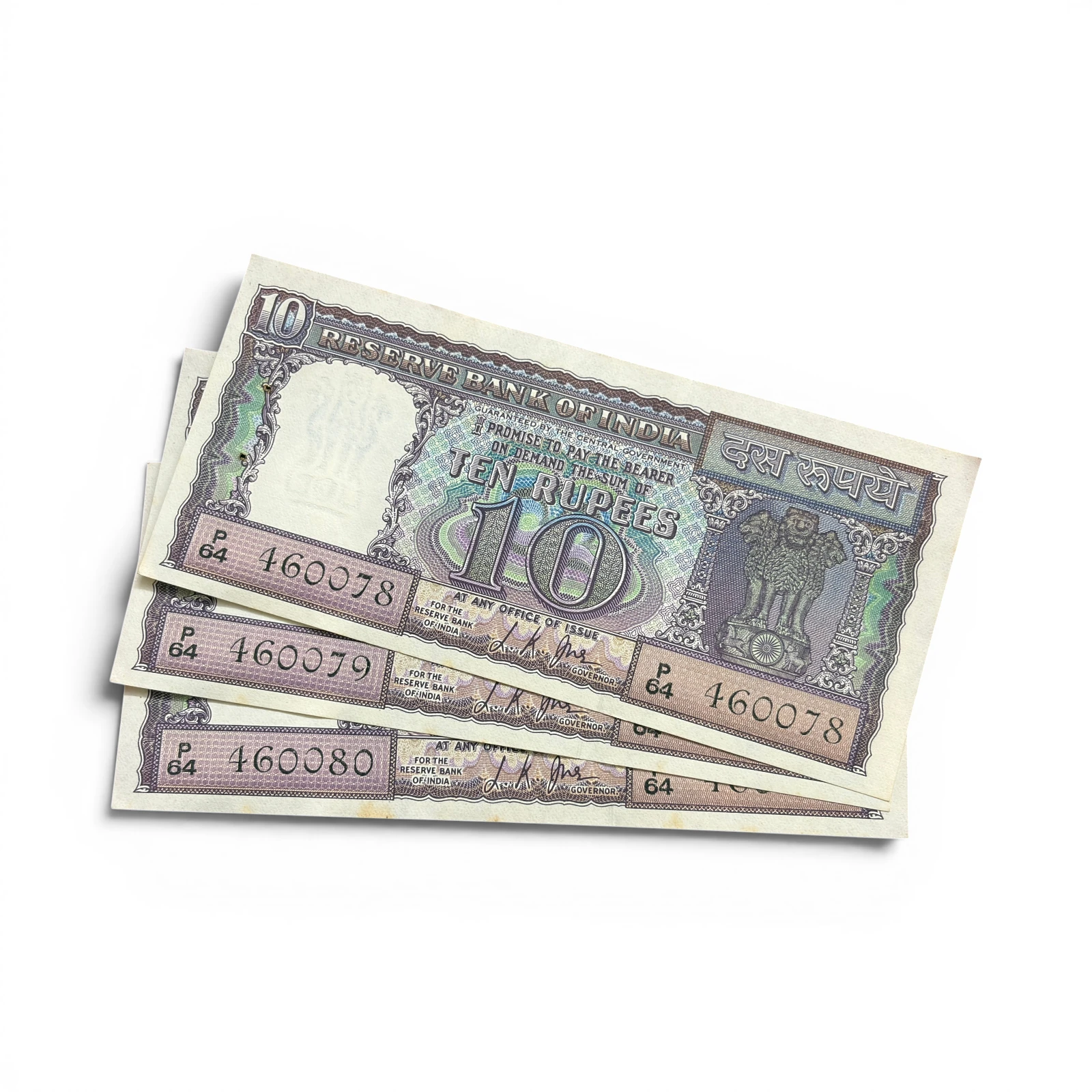 India, Rupees 10 x 3 Consecutive Serial Number Banknotes, Diamond Issue, Sign. L.K. Jha, (P64 460078)
