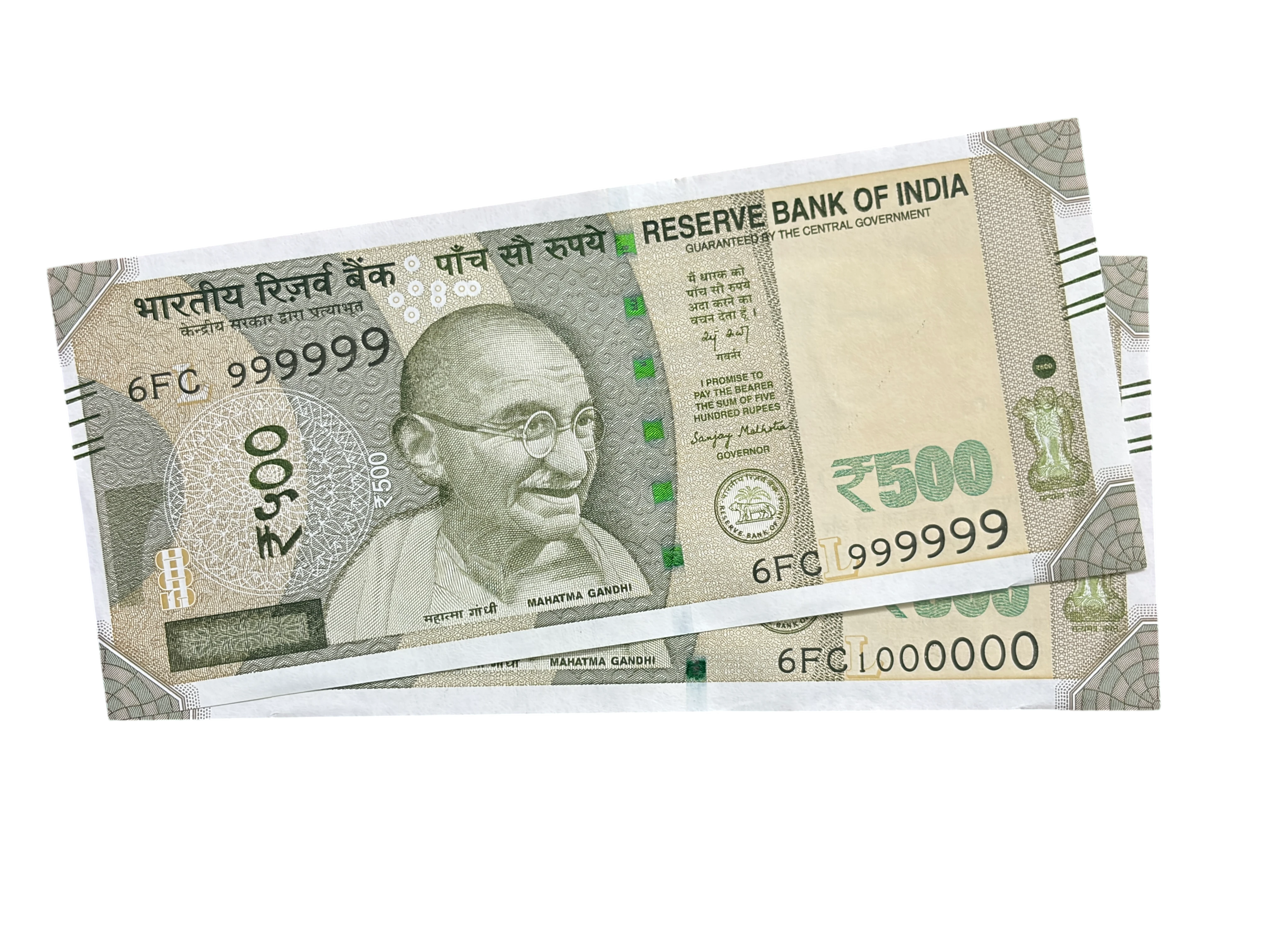 India, 2025 Rupees 500 x 2 Banknotes, Set of Solid Fancy Serial Number 999999 & 1000000 (1 Million), Sign. Sanjay Malhotra, Inset L, UNC, (6FC 999999)