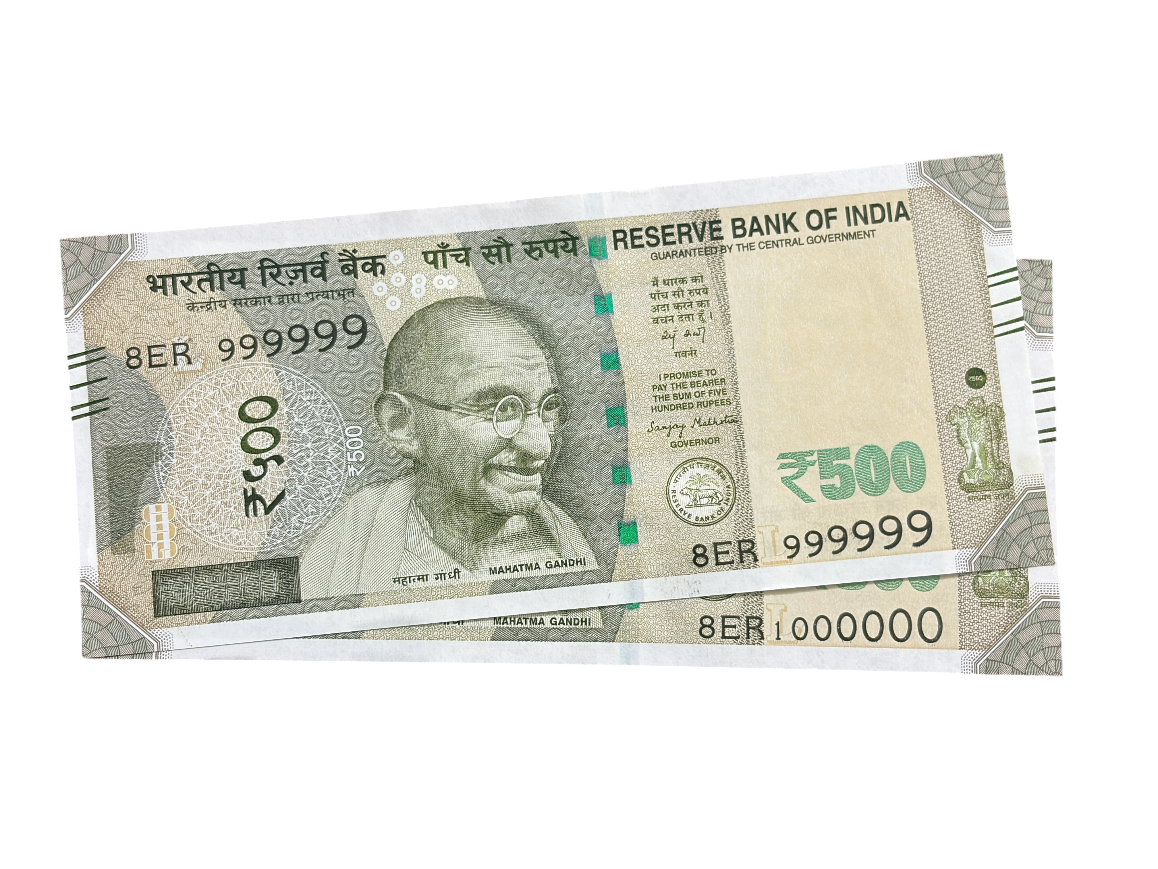 India, 2025 Rupees 500 x 2 Banknotes, Set of Solid Fancy Serial Number 999999 & 1000000 (1 Million), Sign. Sanjay Malhotra, Inset L, UNC, (8ER 999999)