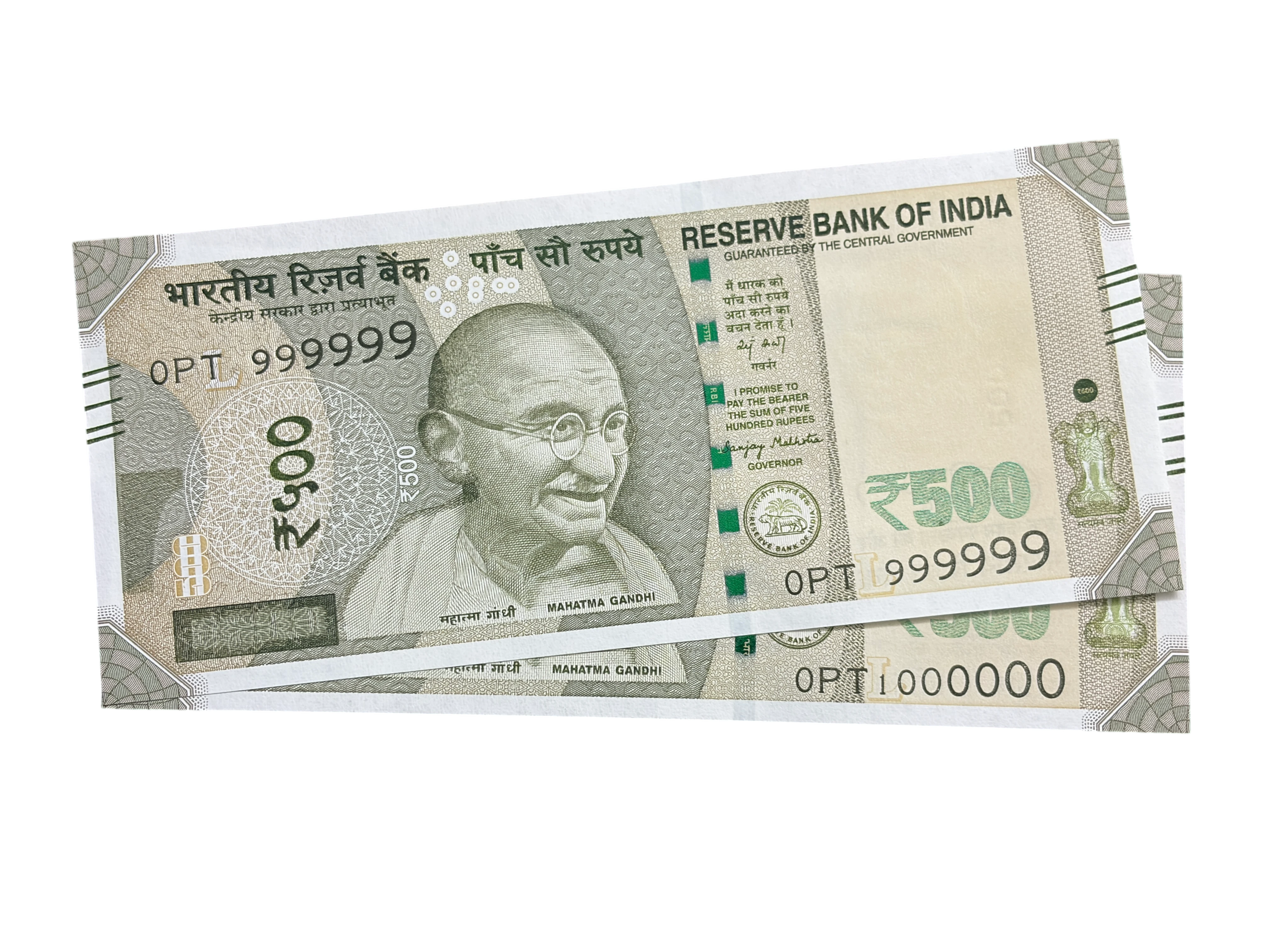 India, 2026 Rupees 500 x 2 Banknotes, Set of Super Solid Fancy Serial Number 999999 & 0-1000000 (1 Million), Sign. Sanjay Malhotra, Inset L, UNC, (0PT 999999)