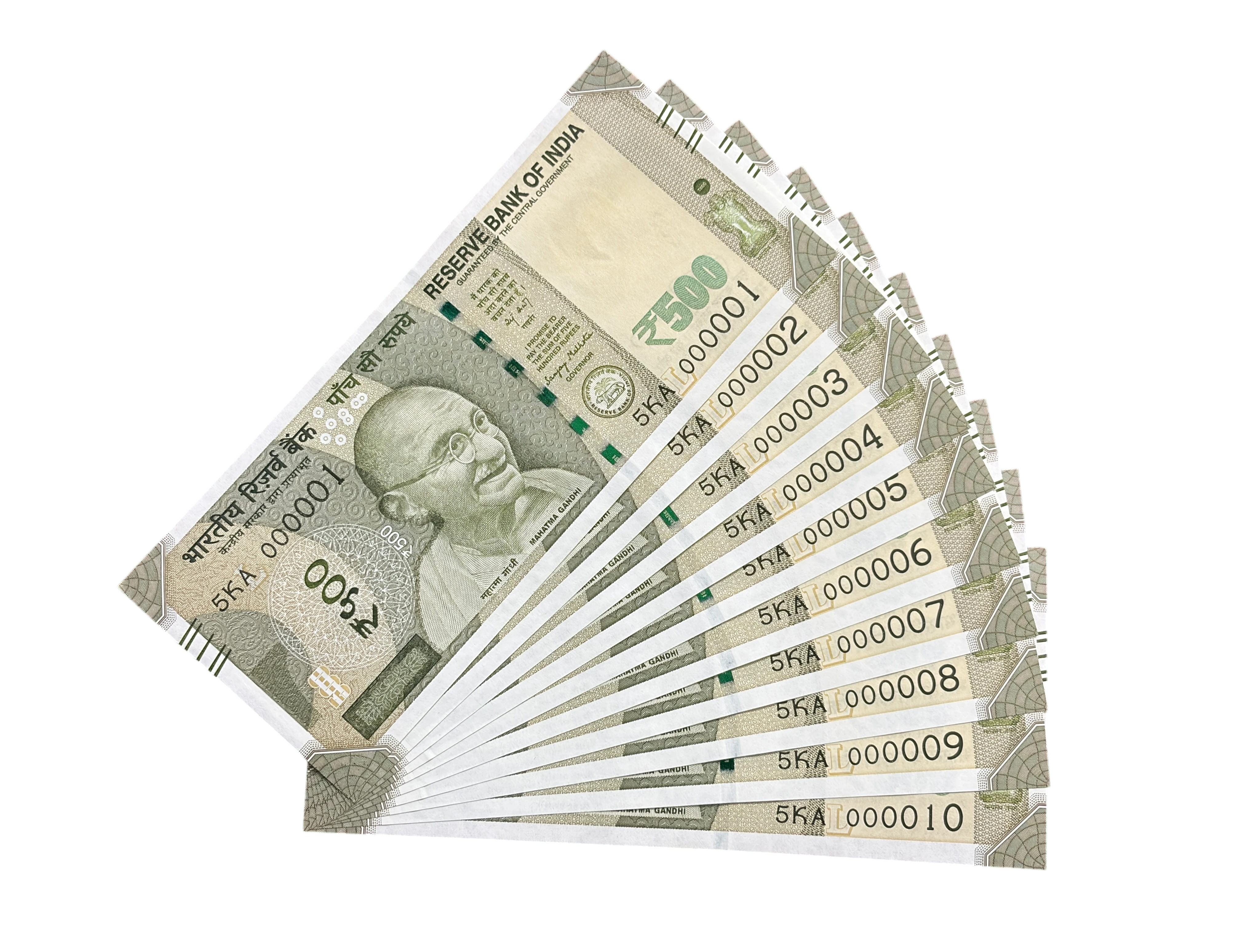 India, 2025 Rupees 500 x 10 Banknotes, Set of Lower Fancy Serial Number 5KA 000001 - 5KA 000010, Sign. Sanjay Malhotra, Inset L, UNC, (5KA 000001)