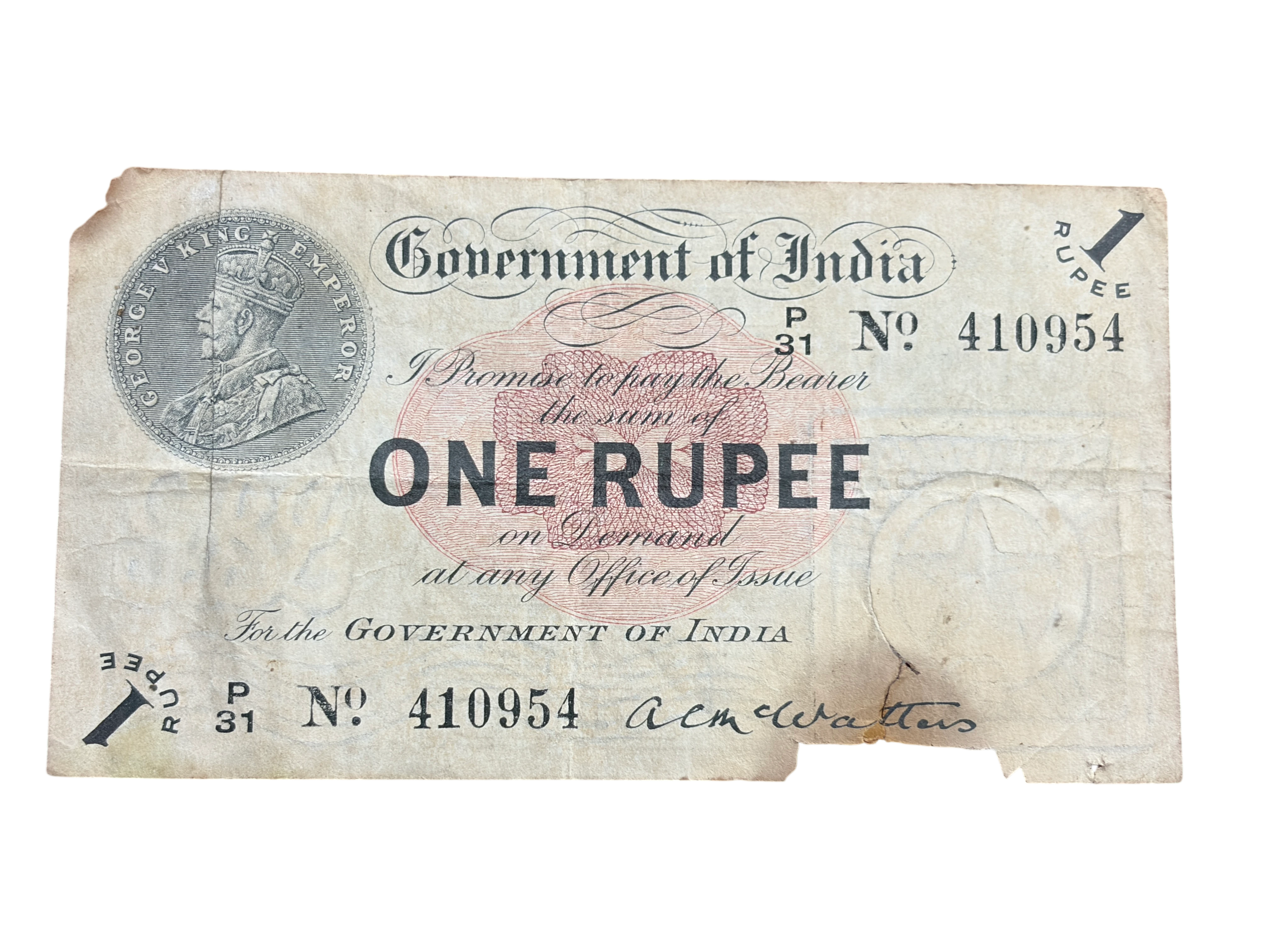 British India, 1917 Rupee 1 Banknote, King George V (KG V), Sign. M.M.S. Gubbay, RARE, (P31 410954)