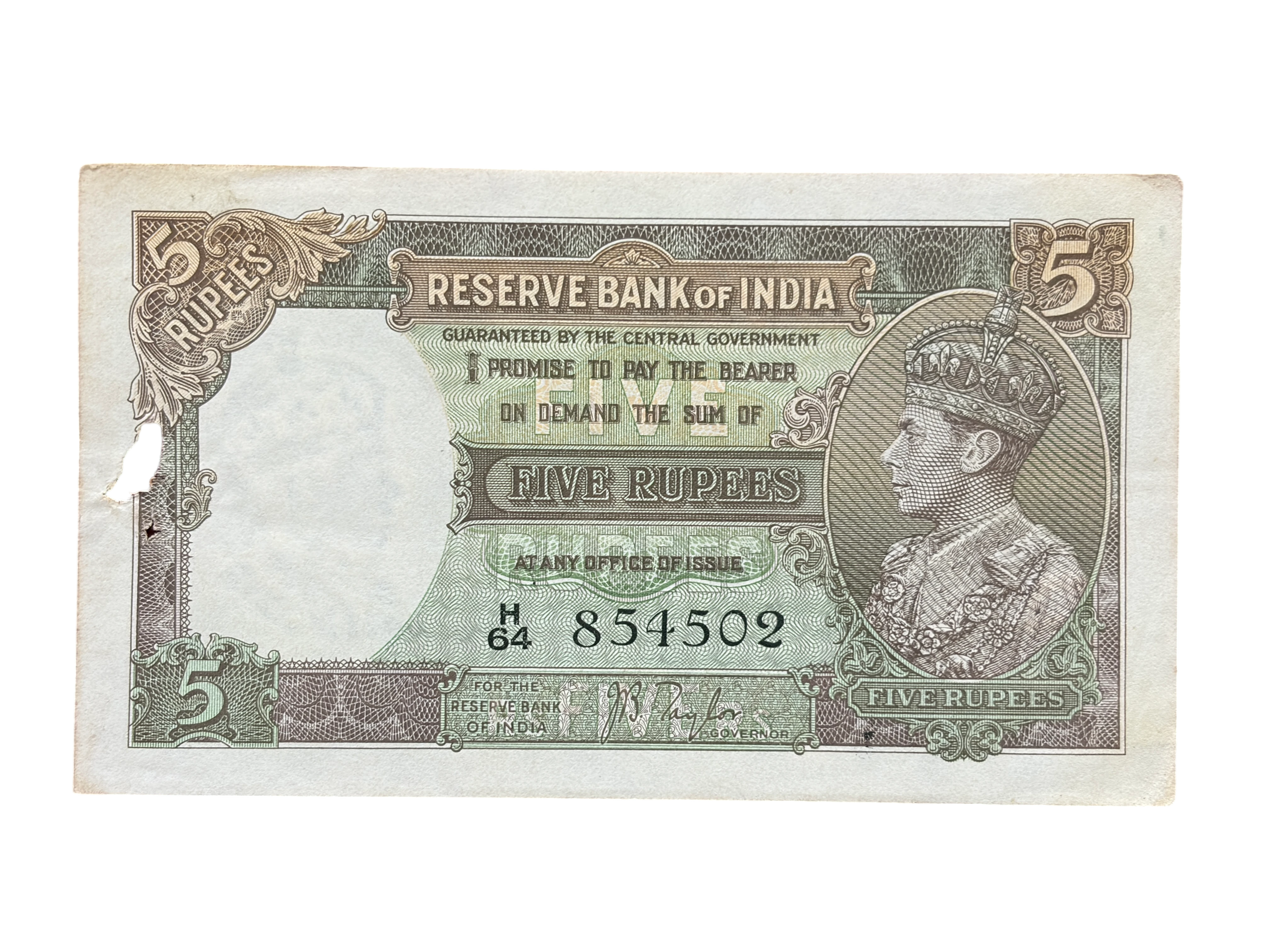 British India, 1938 Rupees 5 Banknote, King George VI (KG VI), Sign. J. B. Taylor, (H64 854502)