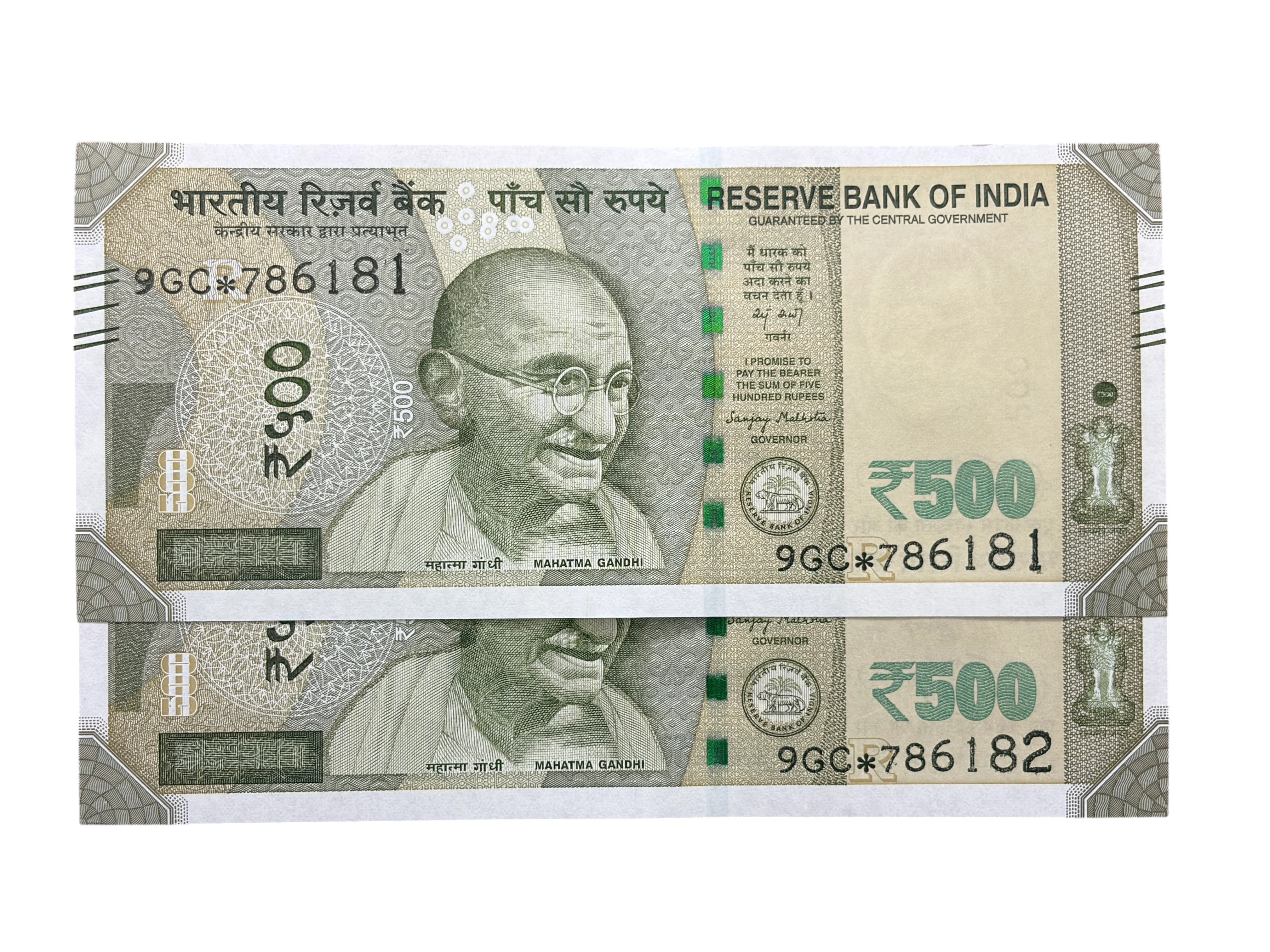 India, 2025 Rupees 500 x 2 Consecutive Serial Star Series Banknotes, Holy Fancy Serial Number Starting 786, Sign. Sanjay Malhotra, Inset R, Prefix 9GC, UNC, Scare, (9GC 786181)