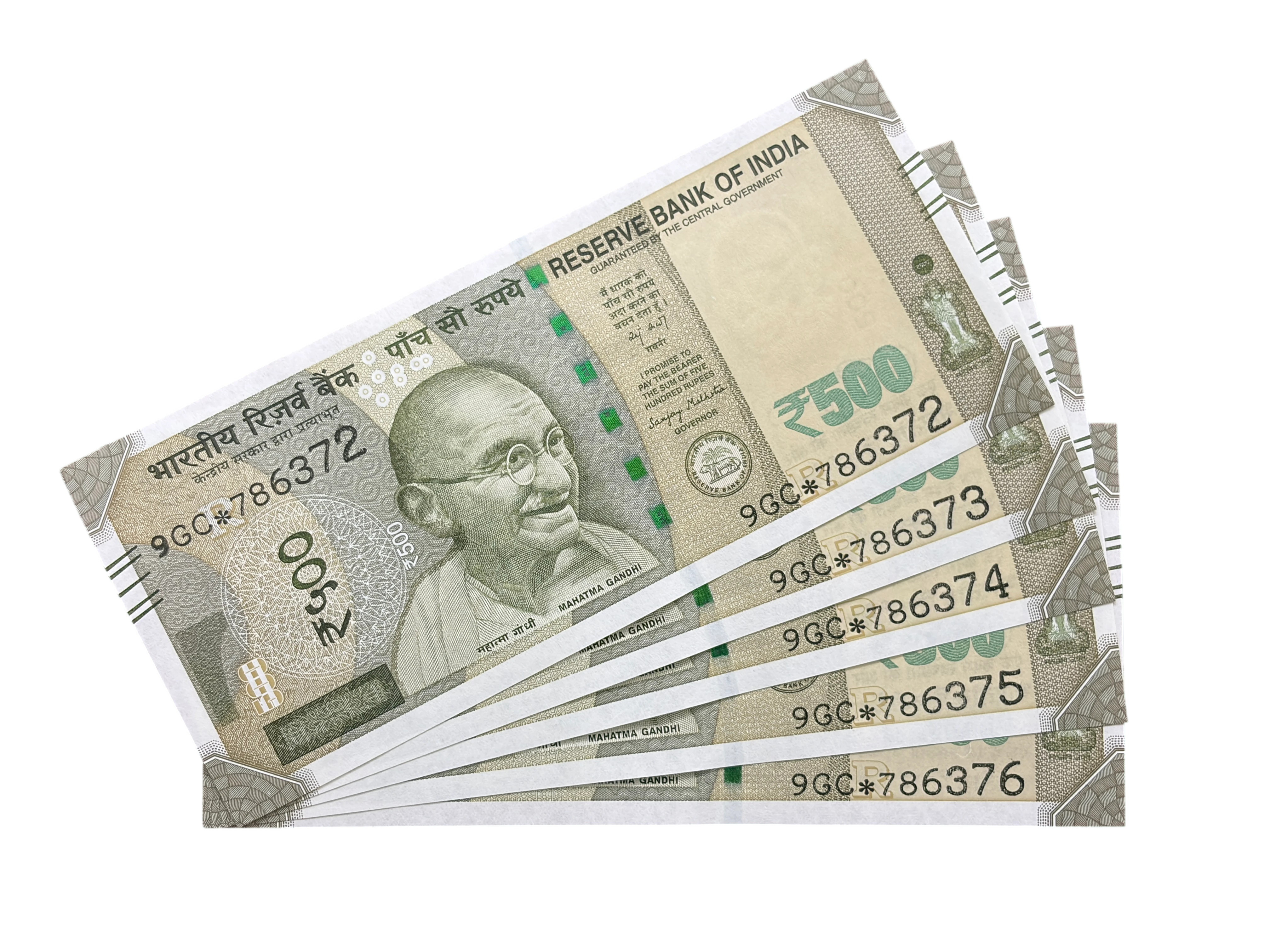 India, 2025 Rupees 500 x 5 Consecutive Serial Star Series Banknotes, Holy Fancy Serial Number Starting 786, Sign. Sanjay Malhotra, Inset R, Prefix 9GC, UNC, Scare, (9GC 786372)