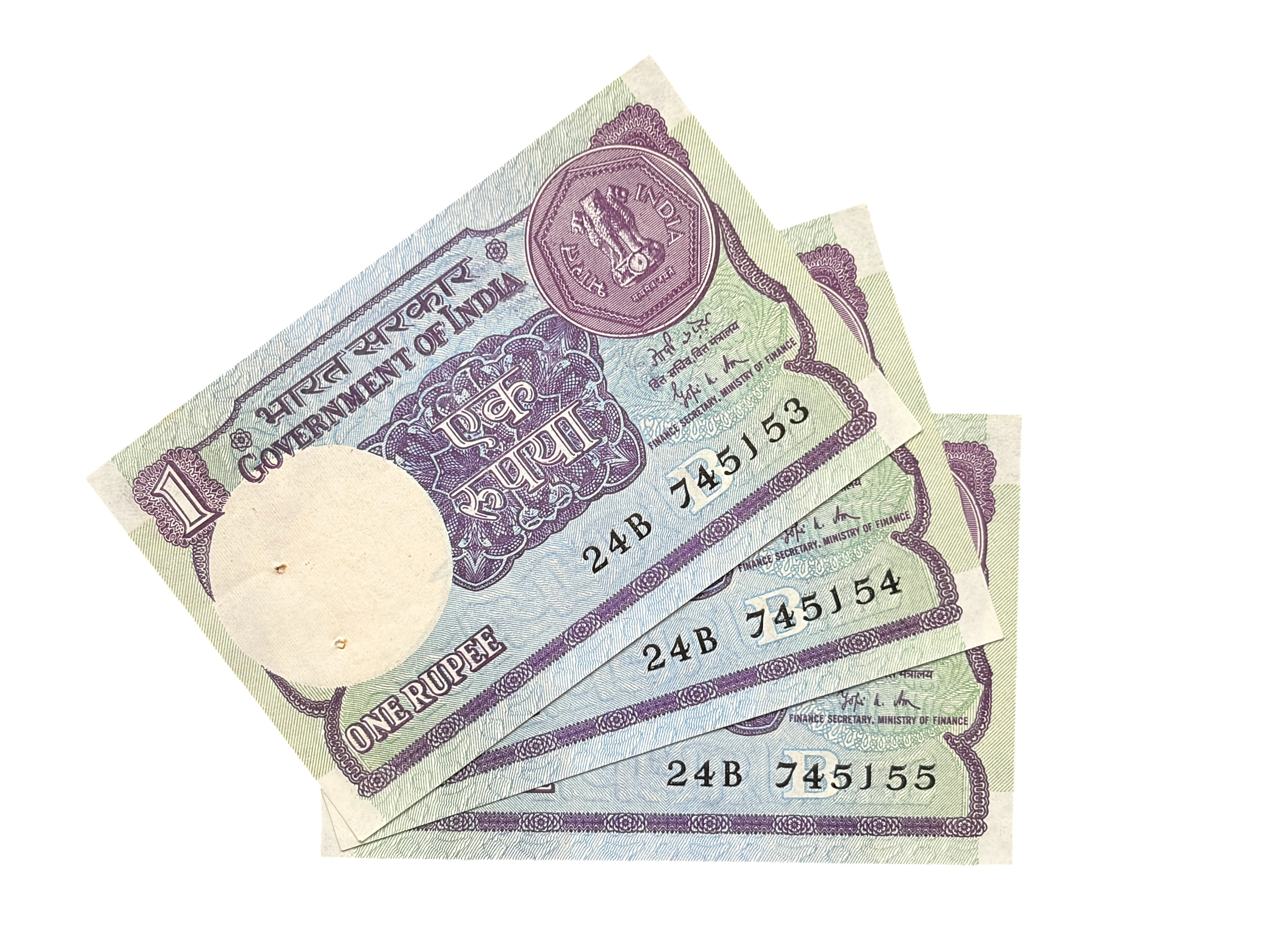 India, 1989 Rupee 1 x 3 Consecutive Serial Number Banknotes, Sign. Gopi Kishen Arora, Inset B, UNC, (24B 745153)