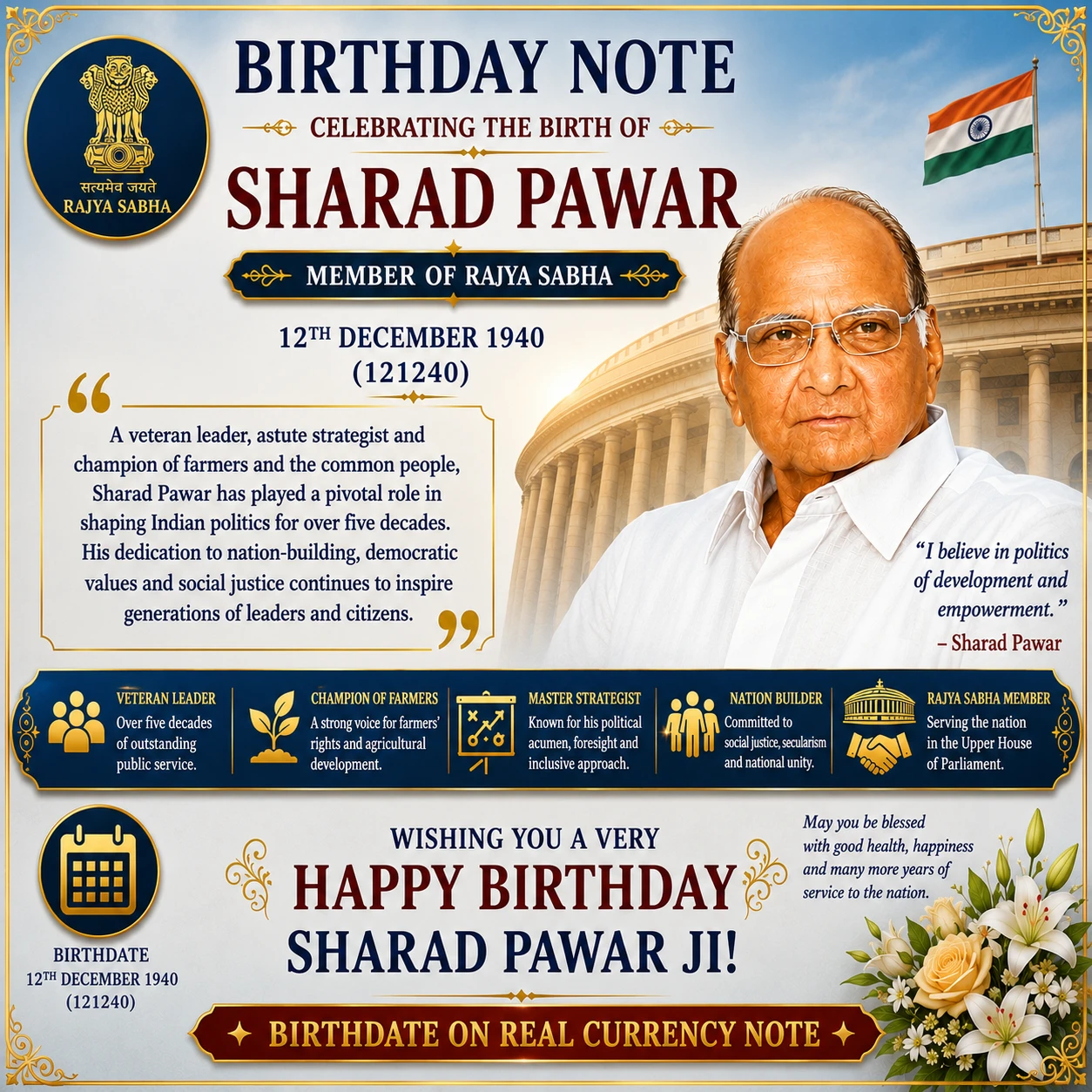 Birthday note Of Sharad Pawar - Member of Rajya Sabha 12th Dec 1940 (121240)