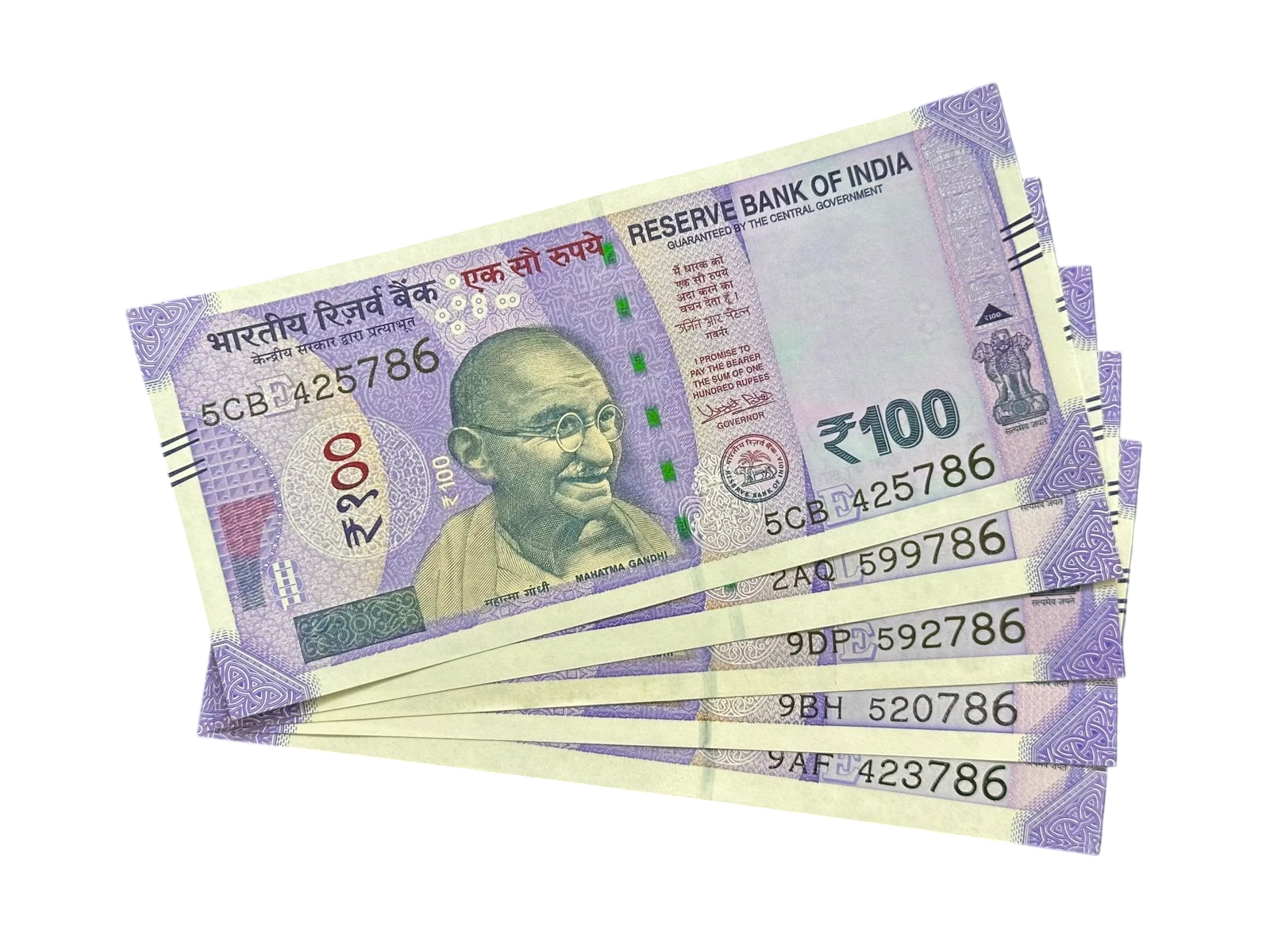 India, Rupees 100 x 5 Banknotes, Holy Fancy Serial Number Ending 786, UNC, (5CB 425786)