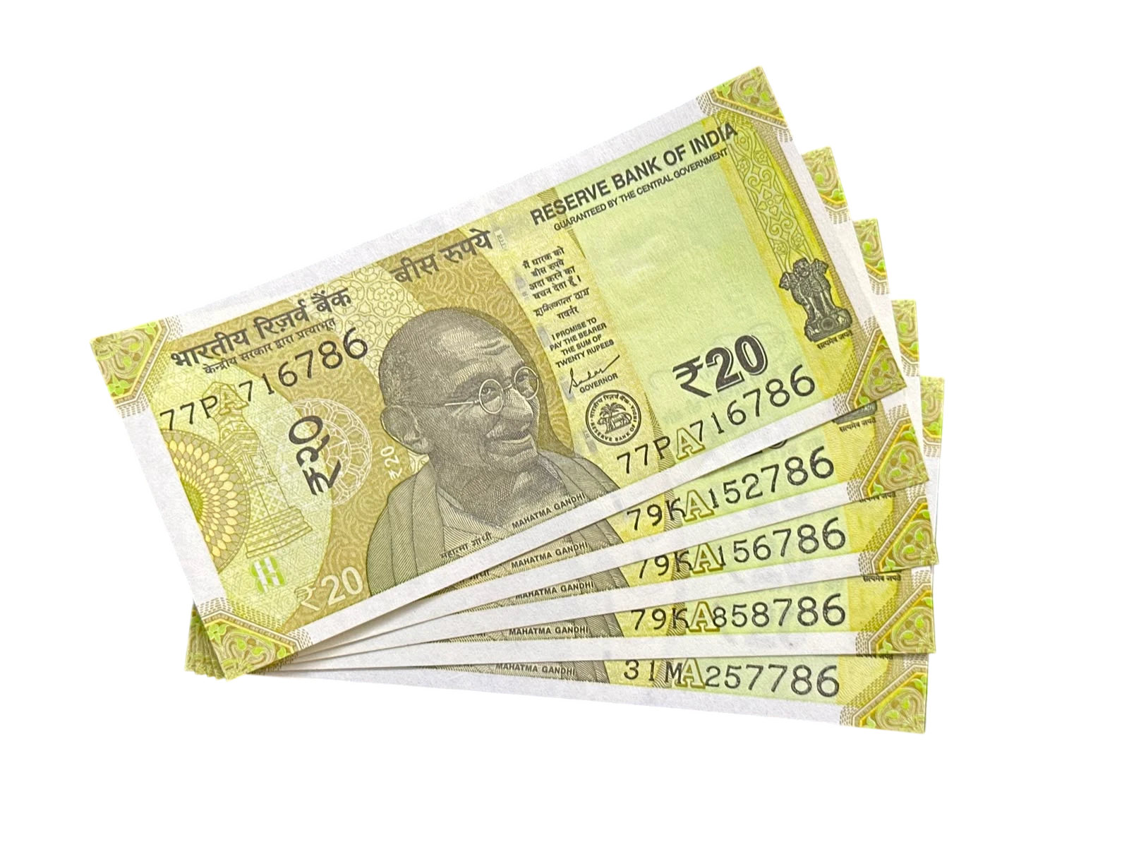 India, Rupees 20 x 5 Banknotes, Holy Fancy Serial Number Ending 786, Sign. Shaktikanta Das, UNC, (77P 716786)
