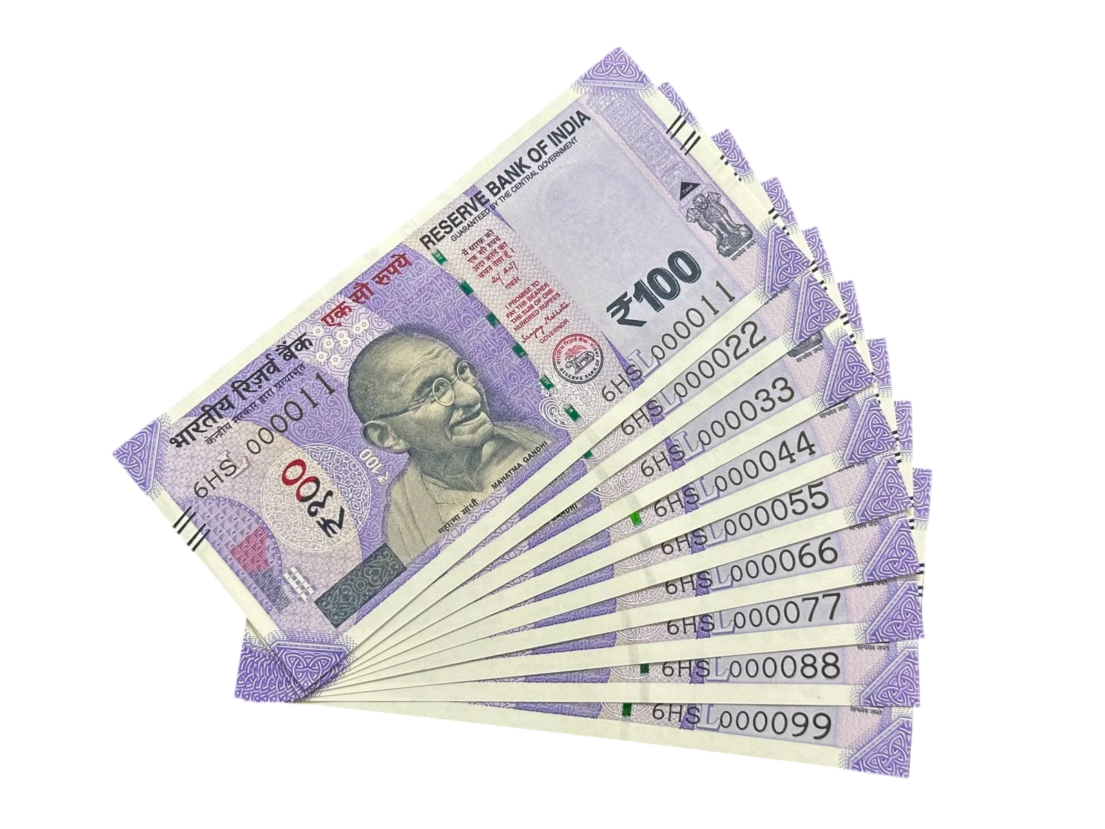 India, 2026 Rupees 100 x 9 Banknotes, Set of Lower Fancy Serial Number 6HS  000011 - 6HS 000099, Sign. Sanjay Malhotra, Inset L, UNC, (6HS 000011)