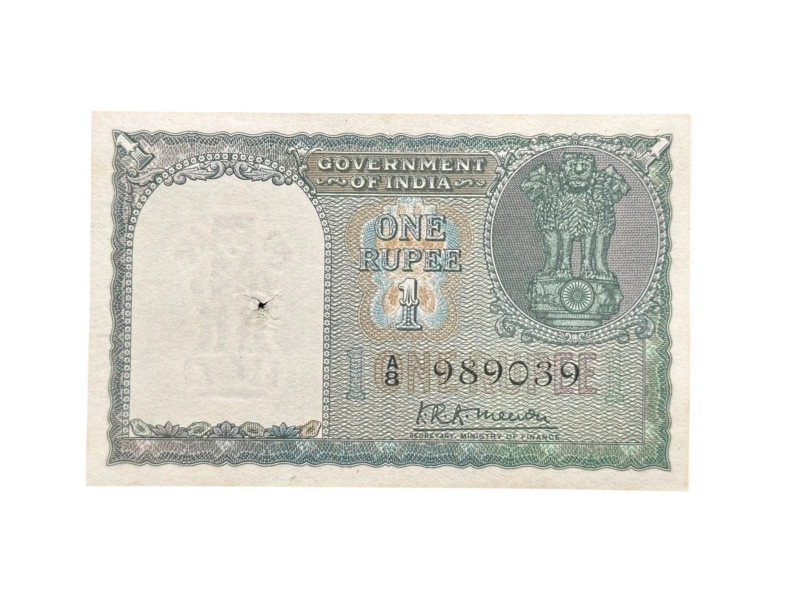 India, 1949 Rupee 1 Banknote, 1st Issue, Sign. K.R.K. Menon, UNC, RARE & Scare, (A8 989039)