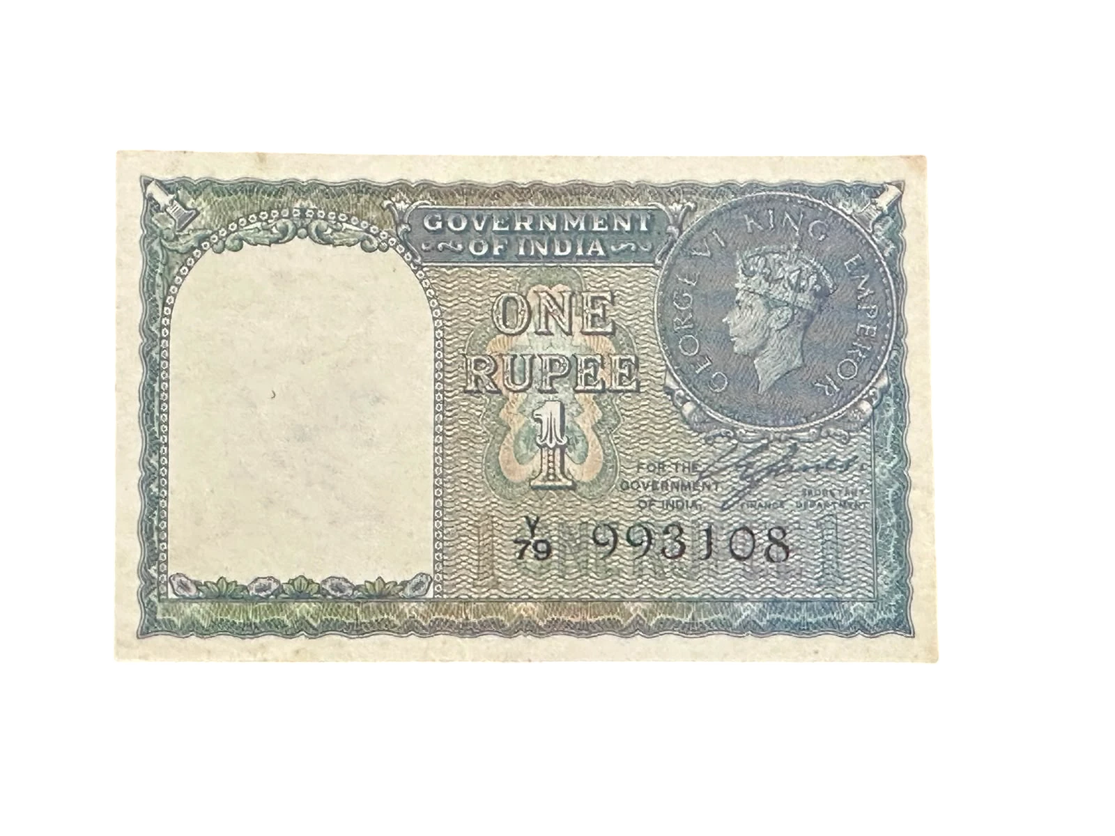 British India, 1940 Rupees 1 Banknote, Fancy Serial Number Ending 108, King George VI (KG VI), Sign. C.E. Jones, Inset A, UNC, RARE & Scare, (Y79 993108)