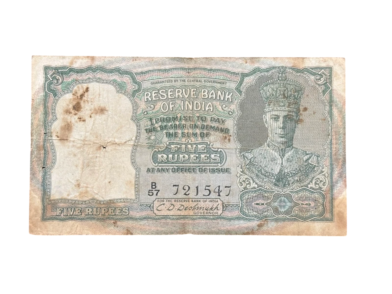 British India, 1944 Rupees 5 Banknote, King George VI (KG VI) Front Face, Sign. C.D. Deshmukh, (B57 721547)