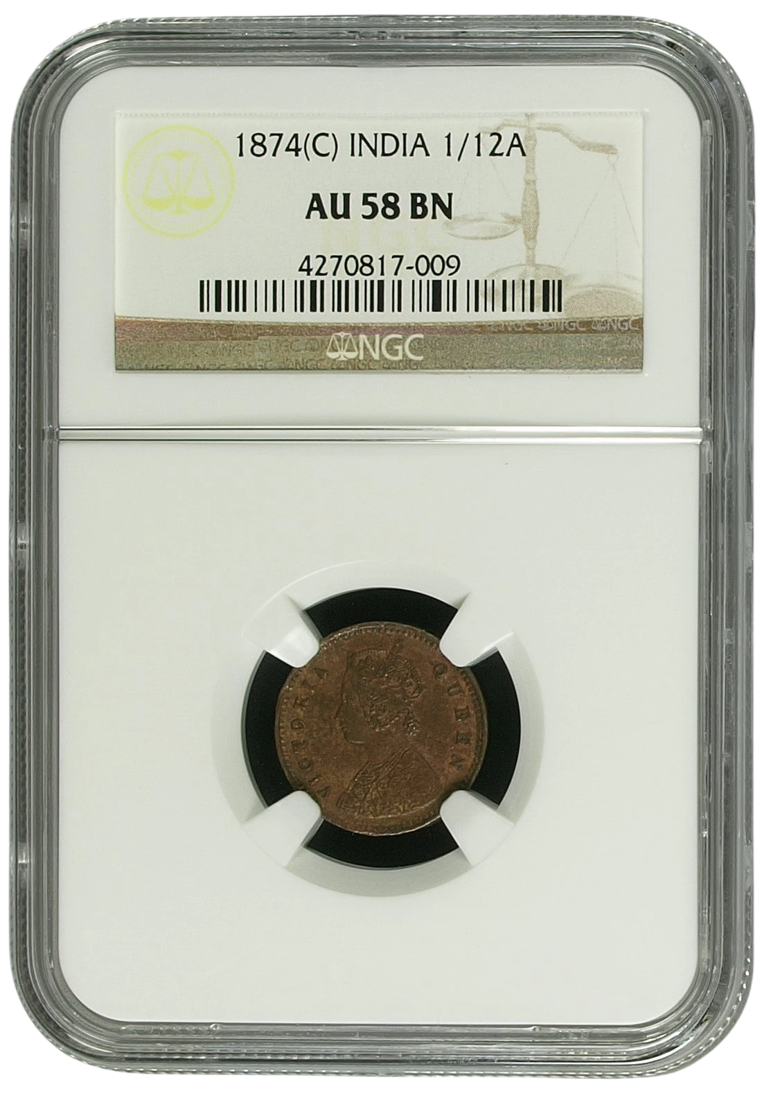 1/12th Anna 1874 Calcutta Mint AUNC 58 BN Grading