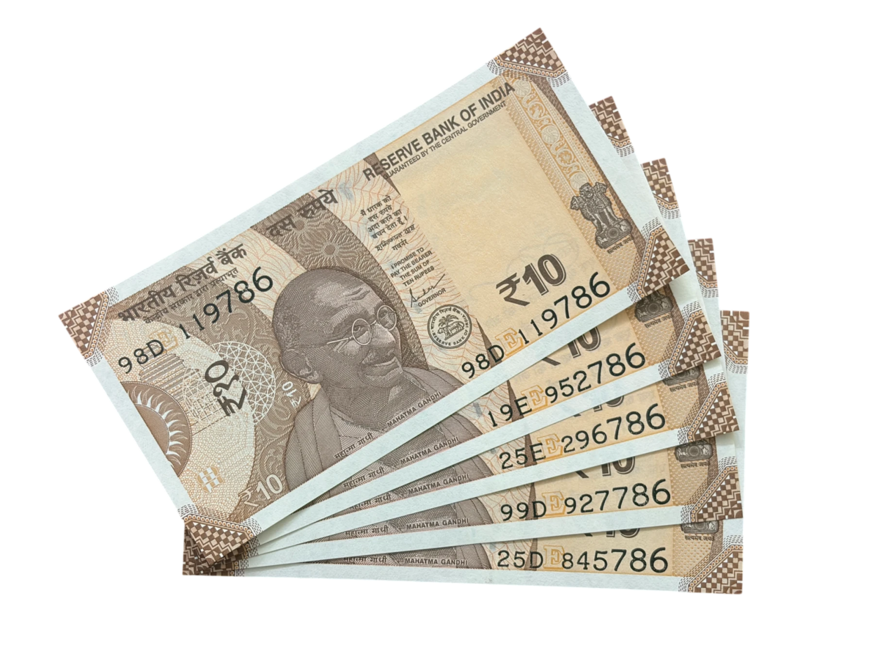 India, 2022 Rupees 10 x 5 Banknotes, Set of Holy Fancy Serial Number Ending 786, Sign. Shaktikanta Das, Inset E, UNC, Scare, (98D 119786)