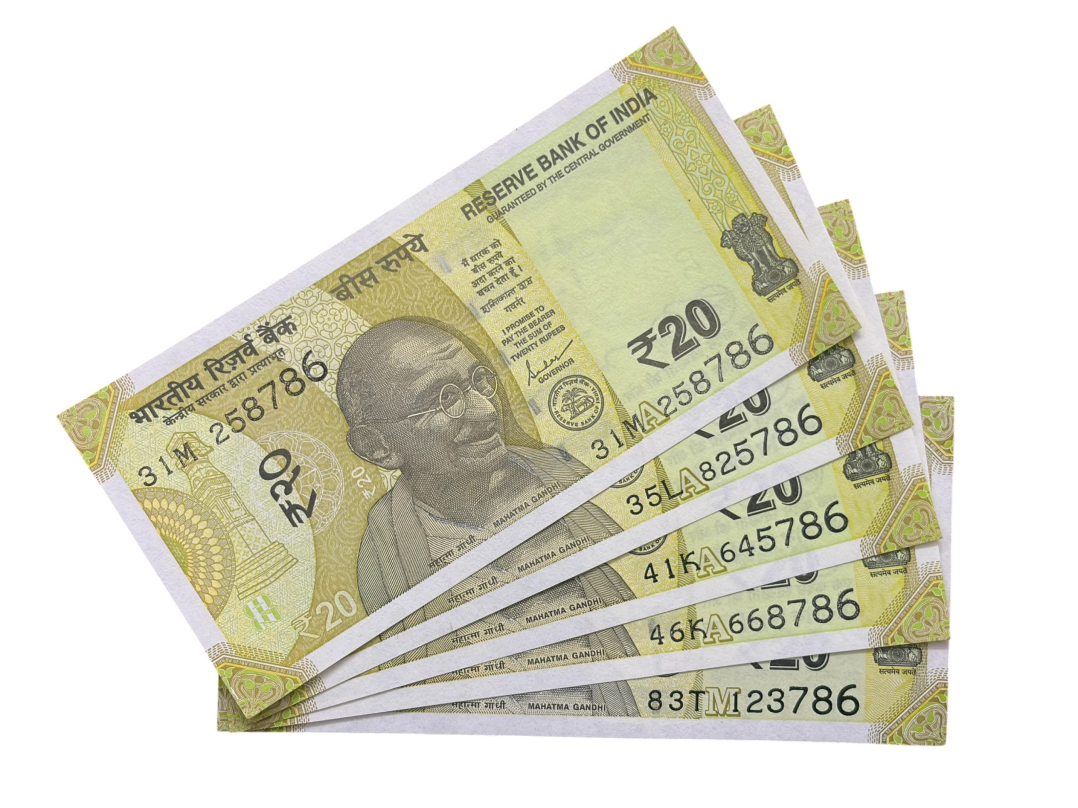 India, 2022 Rupees 20 x 5 Banknotes, Set of Holy Fancy Serial Number Ending 786, Sign. ​​​​​​​Shaktikanta Das, Inset A & M, UNC, (31M 258786)