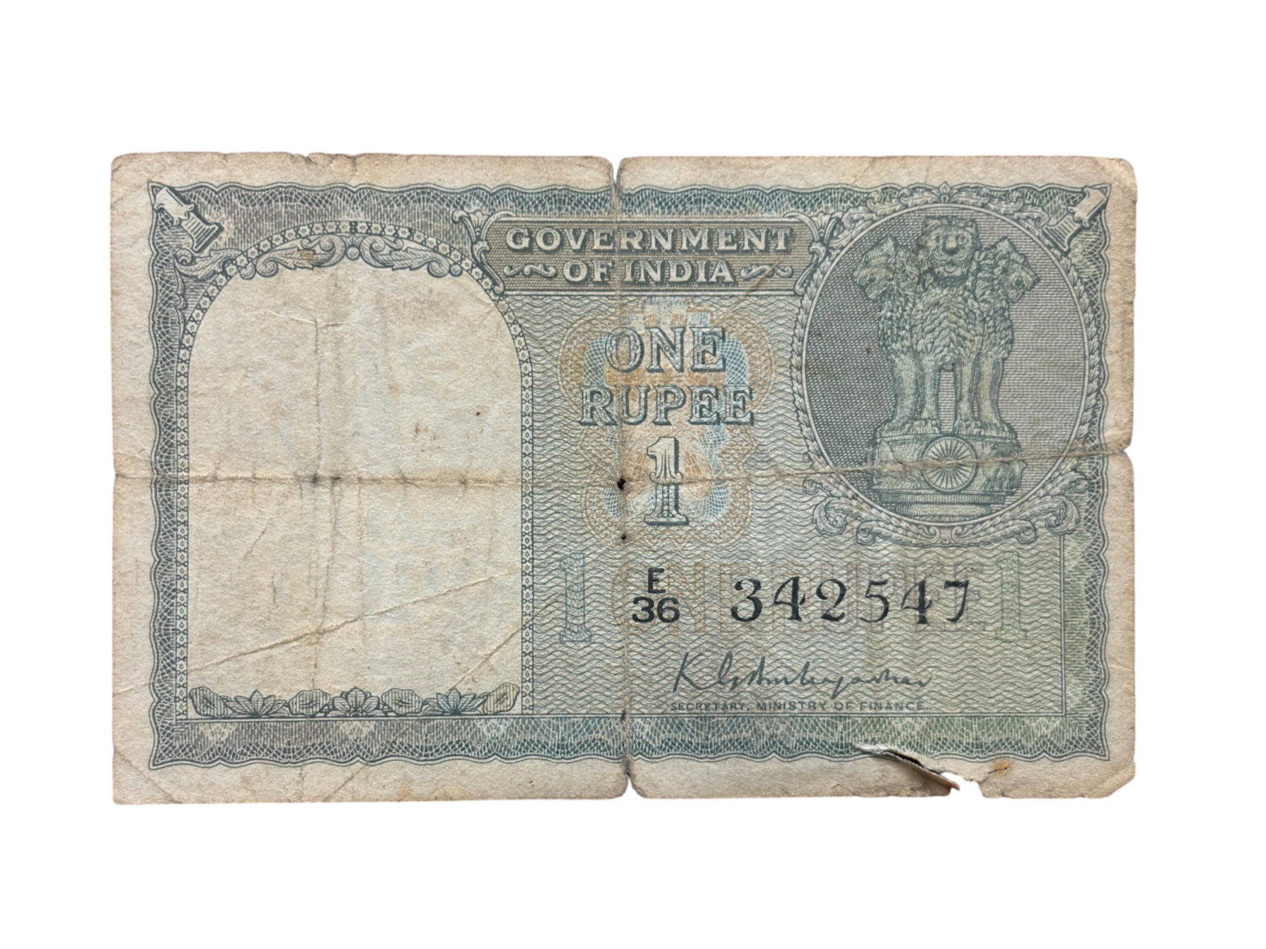 India, 1950 Rupee 1 Banknote, 2nd Issue, Sign. K.G. Ambegaonkar, (E36 342547)