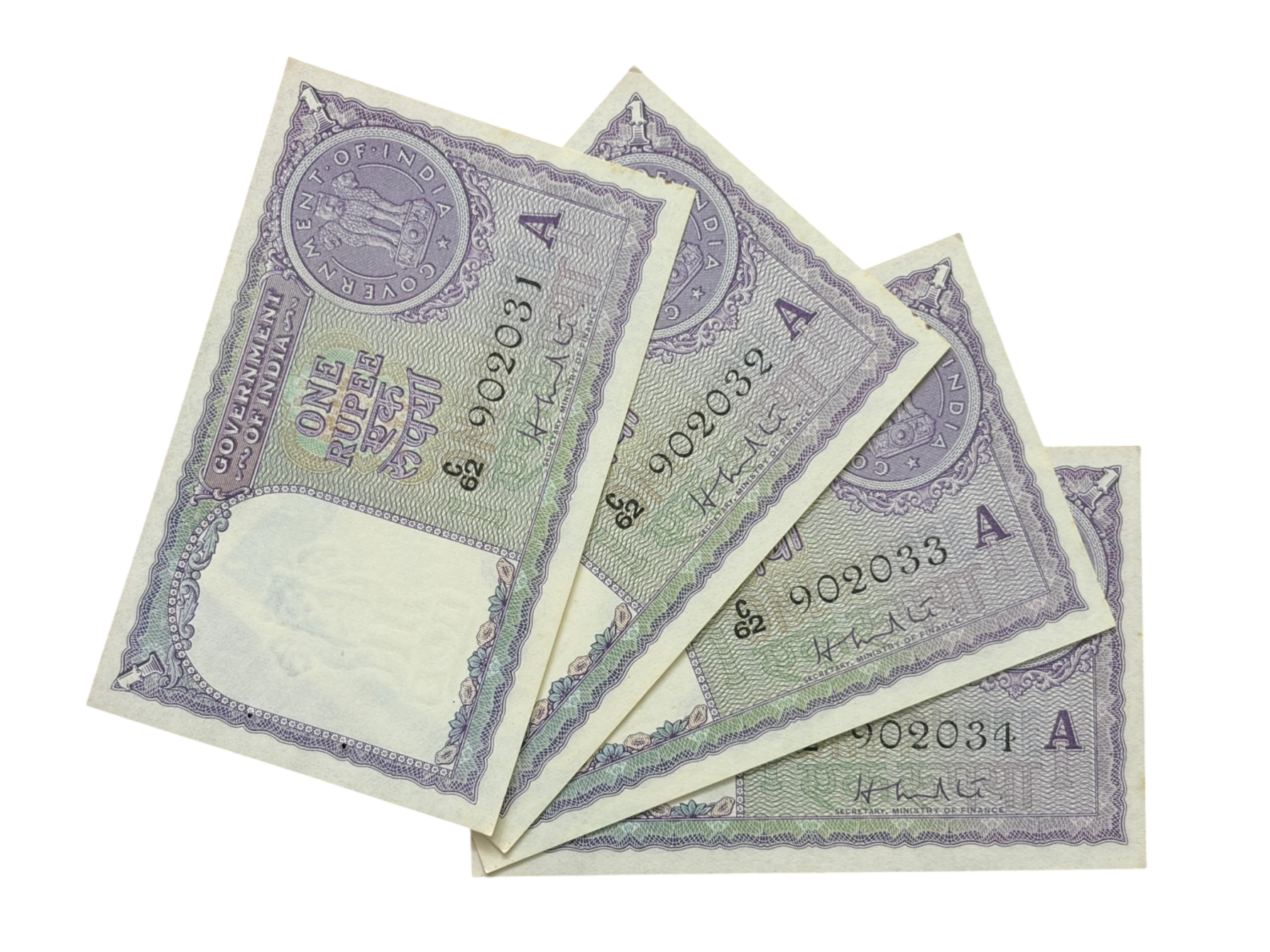 India, 1951 Rupee 1 x 4 Consecutive Serial Banknotes, Sign. H.M. Patel, Inset A, UNC, RARE, (C62 902031)